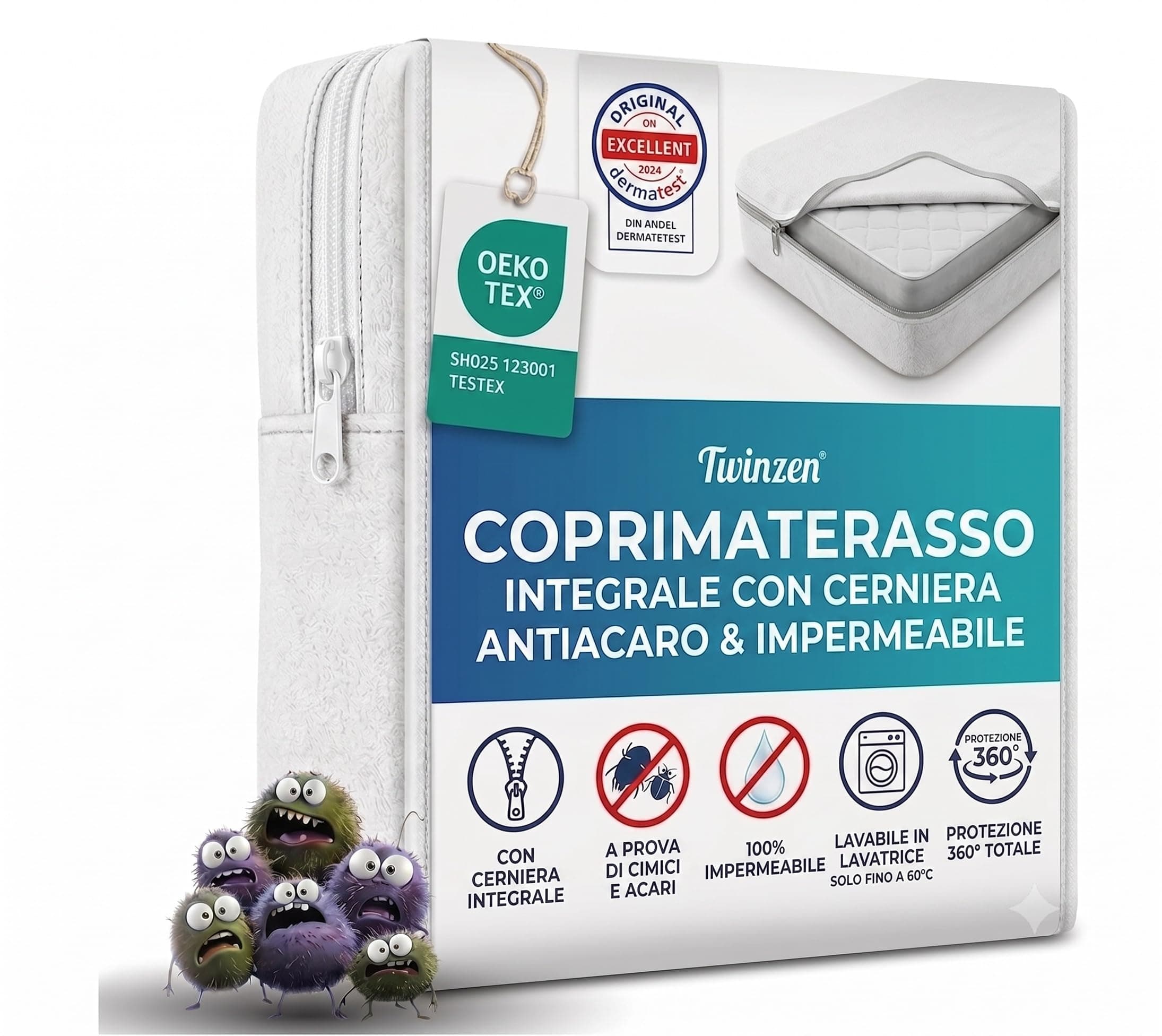 Twinzen - Coprimaterasso Francese 140x190 x 25 cm con Cerniera - Fodera Materasso 140x190 x 25 cm Una Piazza e Mezza - Impermeabile, Antiacaro e Anticimici - Bi-Ome & Oeko-Tex