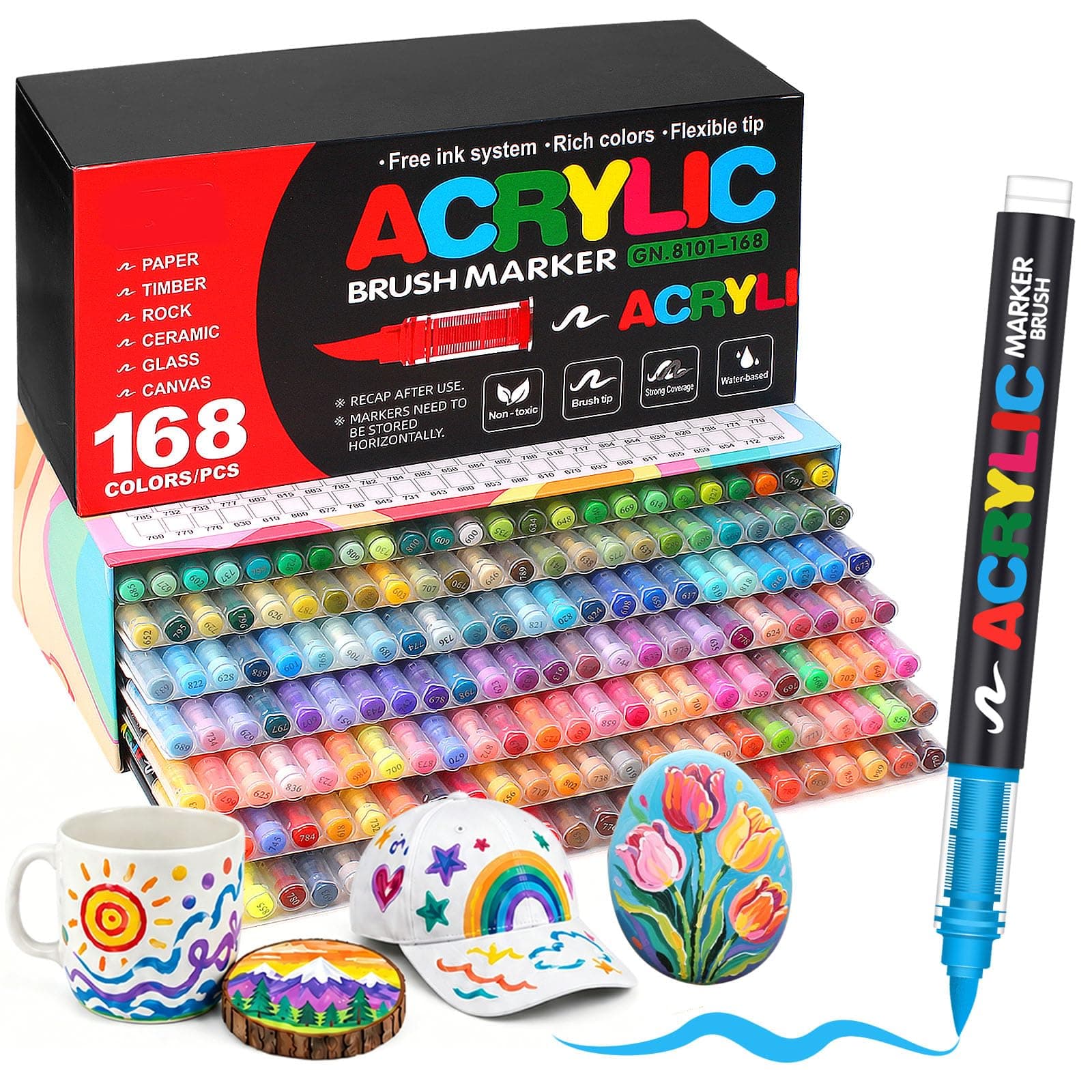 Melifluo Feutre Acrylique Lot de 168 Couleurs à Pointe Pinceau – Marqueur Peinture Acrylique Adulte, Encre à l'Eau Couvrante pour Pierre, Verre, Bois, Tissu, Toile – Coffret Cadeau Loisirs Créatifs