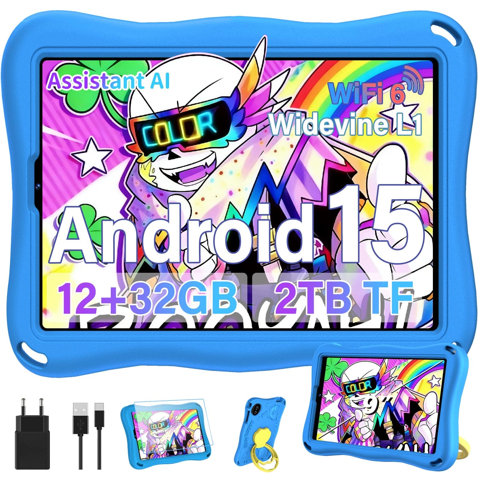 Tablet para niños 9" Android15 Gemini AI 32GB+2TB TF Face ID Funda EVA Azul | Tableta táctil 1340*800 BT5 Octa-Core 8MP+5MP 5000mAh Tipo C Widevine L1 Control Parental Tableta Soporte 360° Giratorio Azul