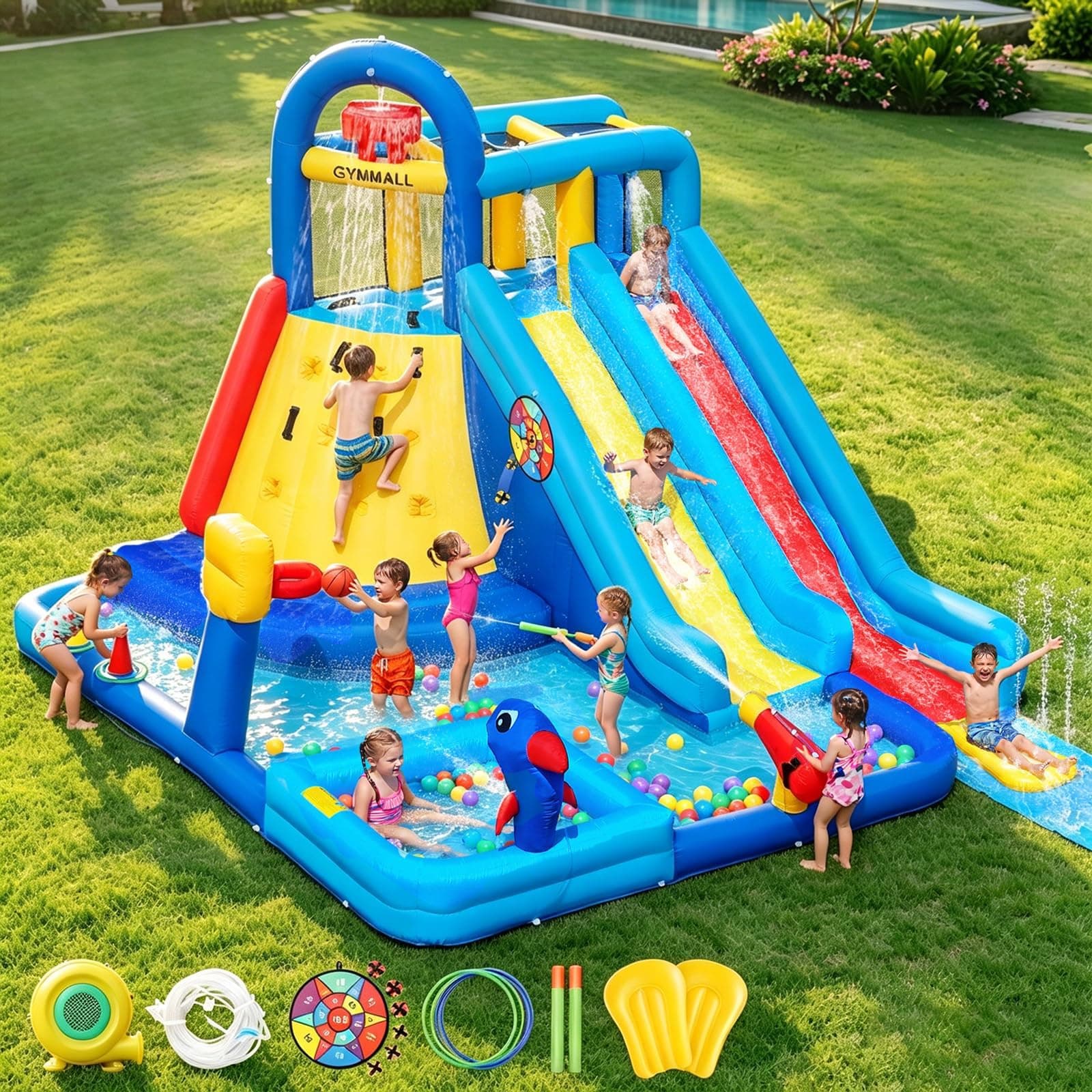 GYMMAL Château Gonflable avec Mur d'escalade, Double Toboggan et Piscine - Structure Gonflable Résistante, Air de Jeux Extérieur/Intérieur, pour Enfants de 3 à 12 Ans (4x3,6x2,6m)