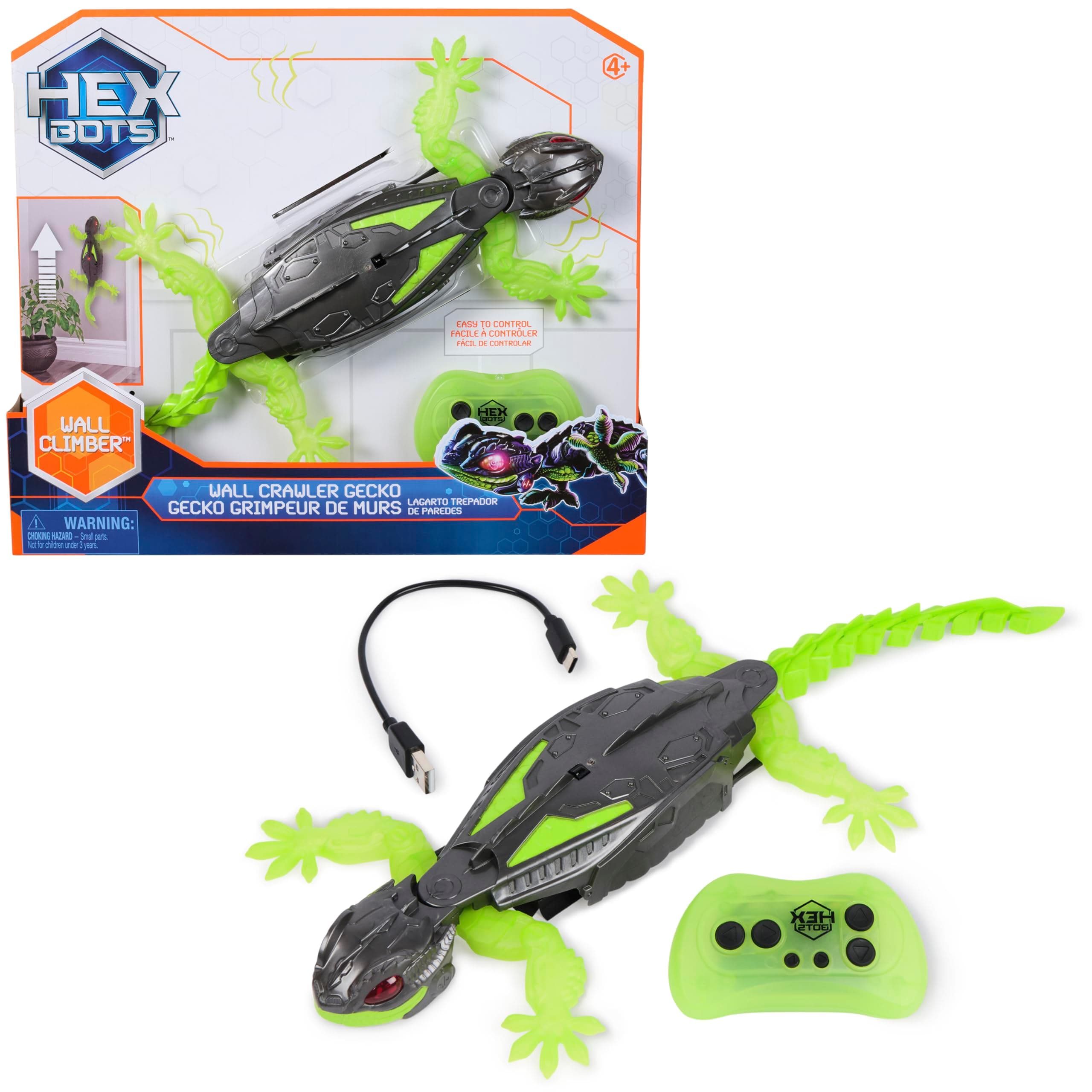 HEX BOTS, Geco Telecomandato, Giocattolo Interattivo Radiocomando, 4+ Anni | 2 Pile AAA Non Incluse, Movimento Su Pavimenti e Pareti, Controllo Fino a 8 M, Occhi Led, Coda e Arti In Silicone, Cavo Usb