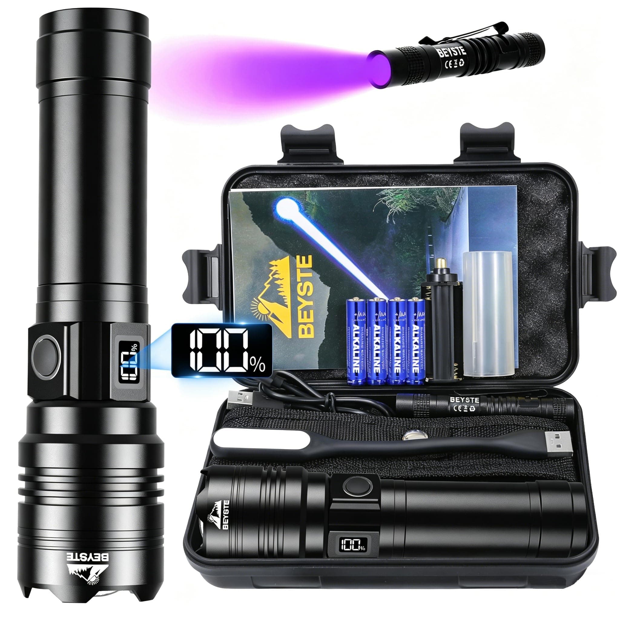 BEYSTE Lampe Torche LED Ultra Puissante, 1000000 Lumens Lampe De Poche, Lampe Torches Rechargeable USB, Lampe De Poche LED Ultra Puissante, Lampe Torche Tactique Longue PortéeIPX6 Étanche Pour Camping