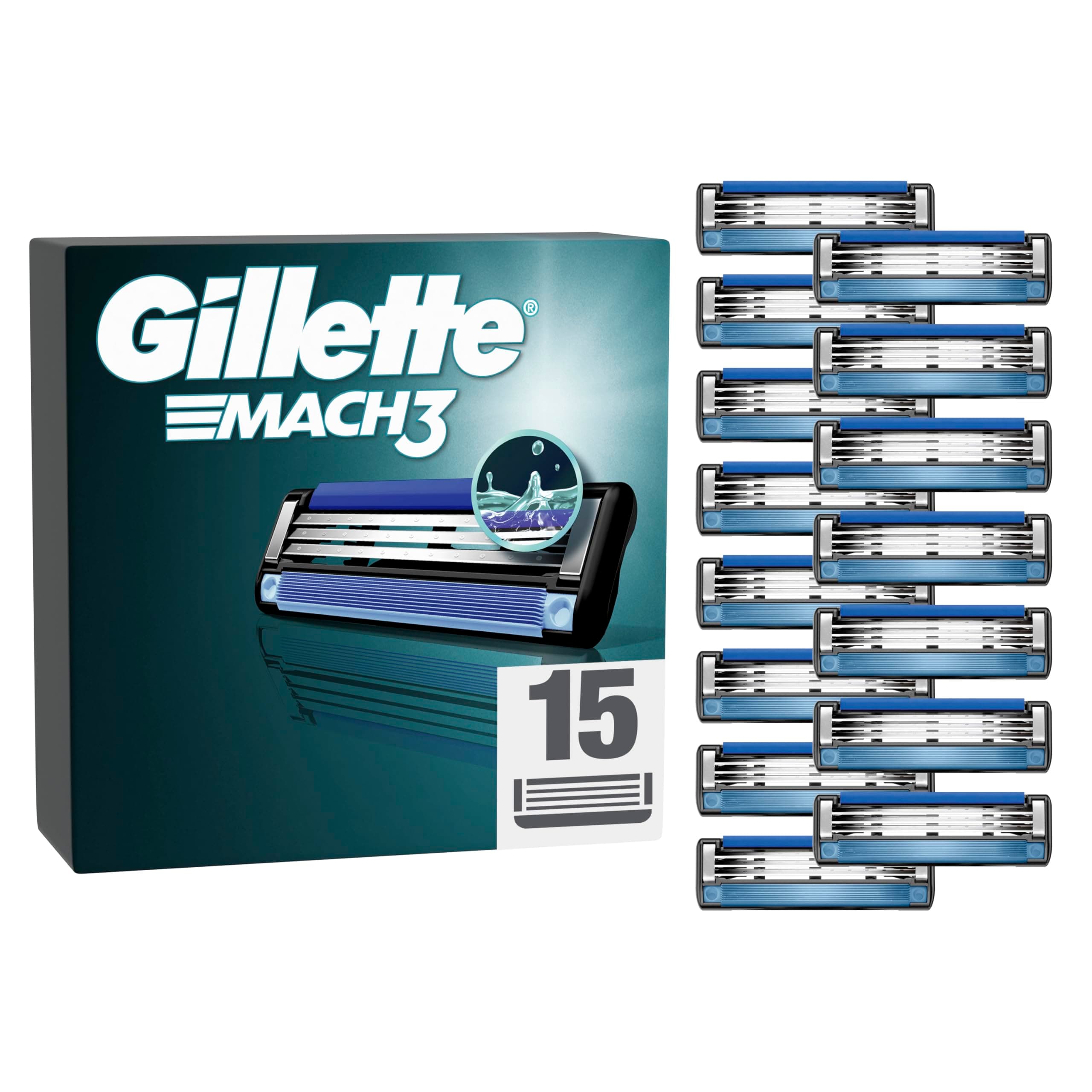 Gillette Mach3 Base Pack de 15 Recambios Para Maquinillas De Afeitar Para Hombre, Cuchillas de Afeitar Con 3 Hojas y Banda Lubricante, Compatible Con Todos Los Mangos Mach3