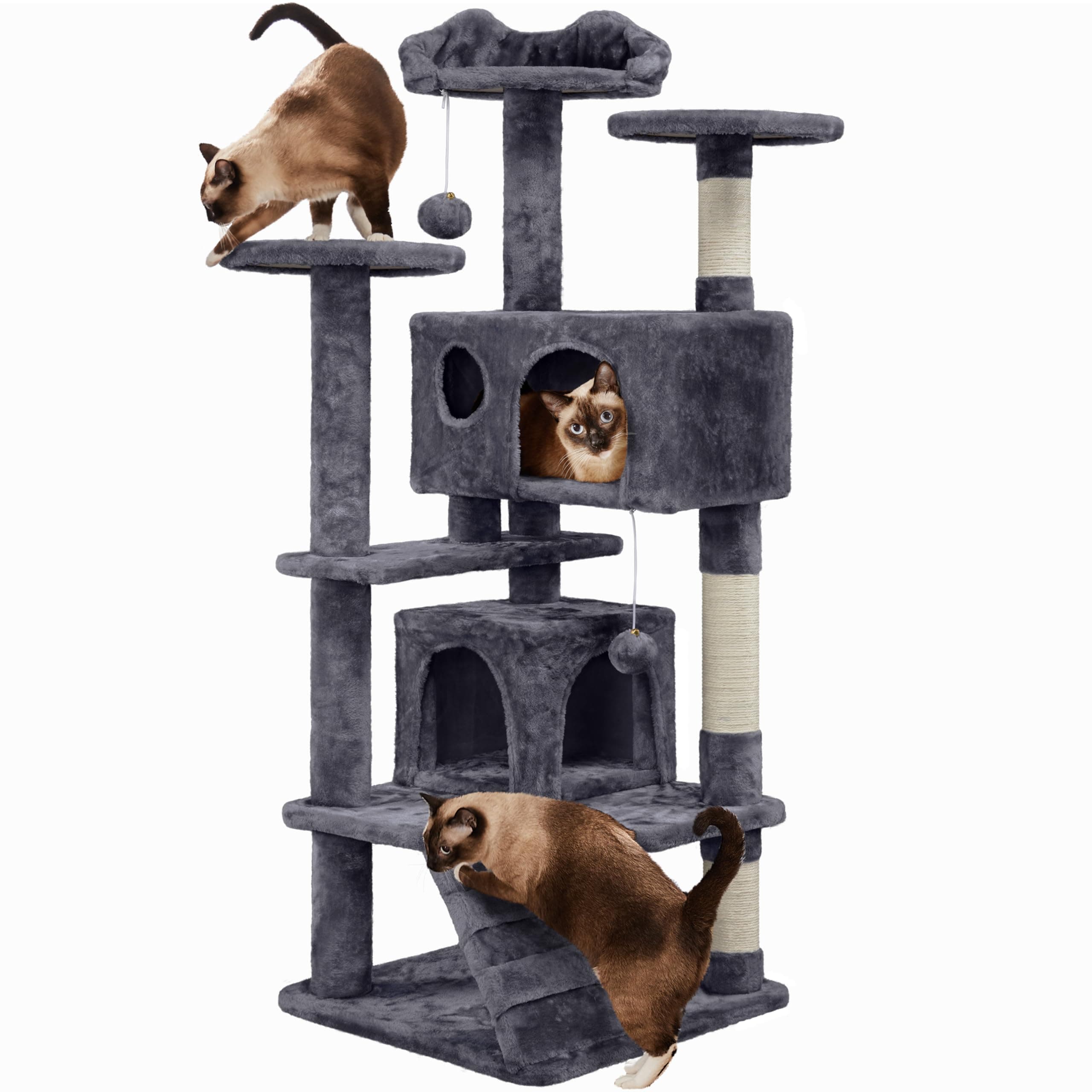 Yaheetech Albero Tiragraffi per Gatti 139 cm con 3 Pali Graffiatoi 3 Posatoi 2 Grotta 2 Pompon in Peluche a Più Livelli Giocattolo Gioco Grigio Scuro | Torre multifunzionale a più livelli, con rampa 3 trespoli 2 casette 3 pali in sisal e 2 palline, giochi per gatti da interni