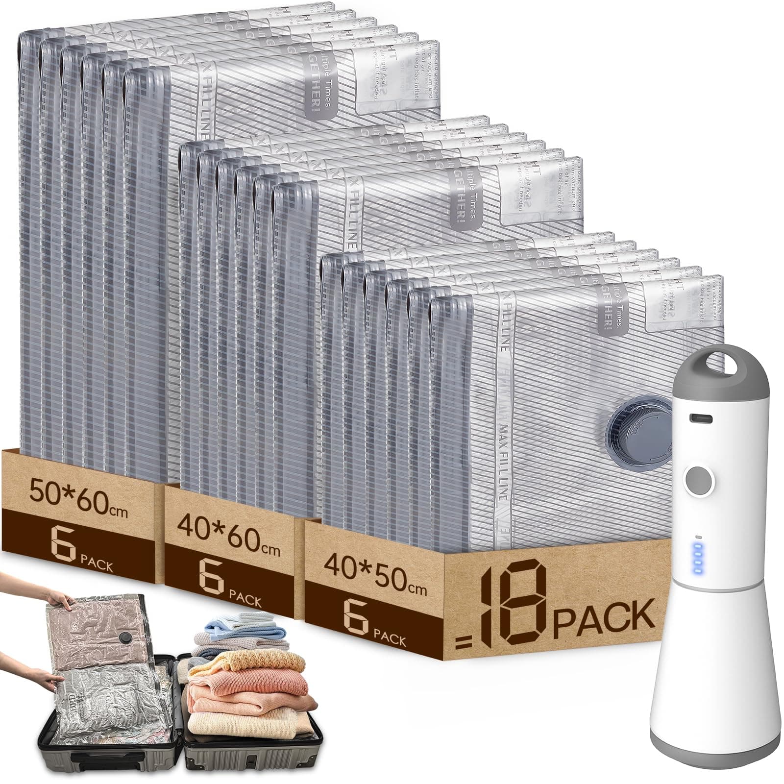 Vacbird Sacchetti Sottovuoto Vestiti con Pompa Sottovuoto Senza Fili, 18 Pezzi (6 * 40x50cm, 6 * 40x60cm, 6 * 50x60cm), Riutilizzabile Buste Sottovuoto Vestiti da Viaggio per Maglioni, Camicia, Viaggi