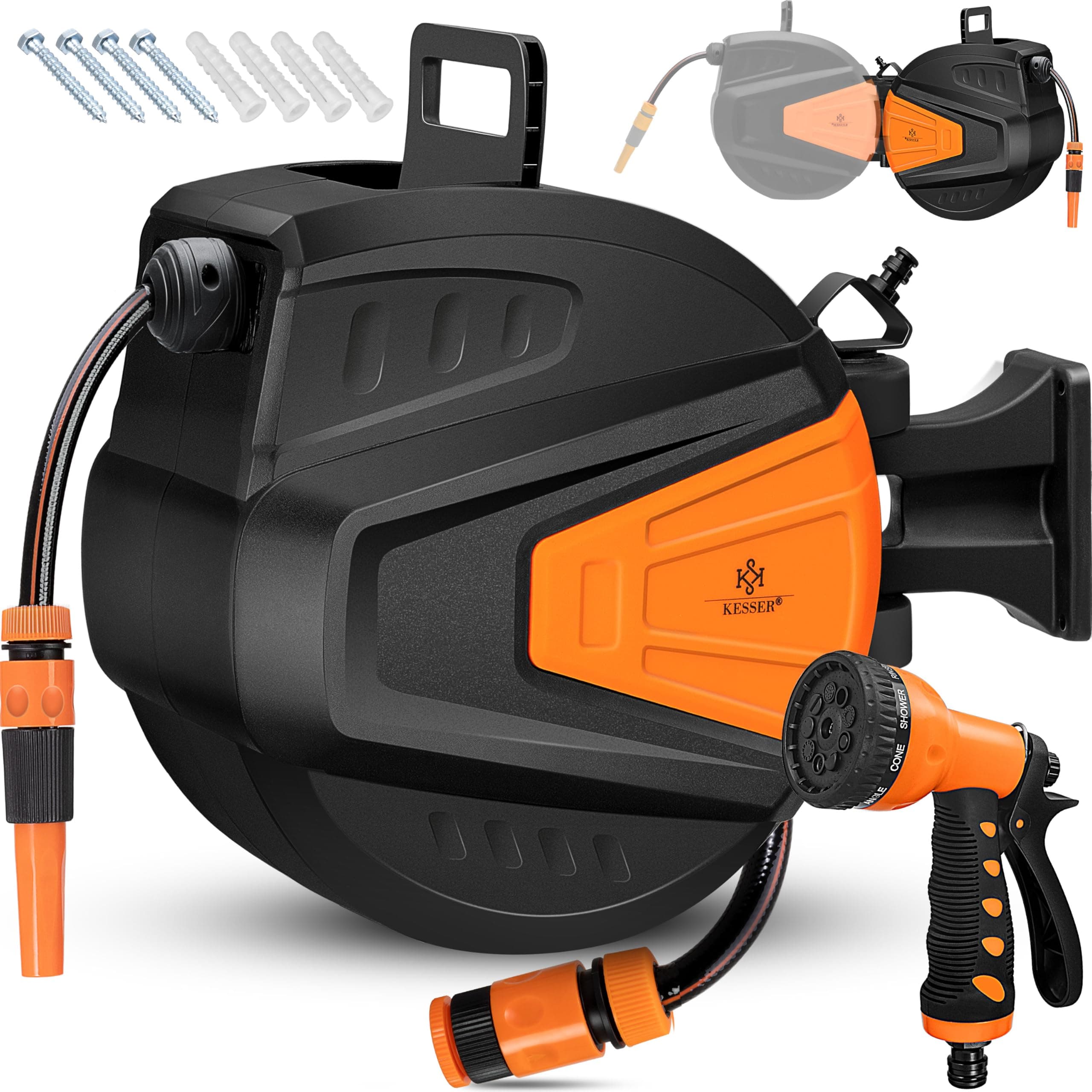 KESSER® Enrollador de mangueras Agua | Ducha de mano múltiple | Giratorio 180° | Tapón de rebobinado | Montaje en la pared | Caja de mangueras de pared | Manguera de jardín, naranja 20 M