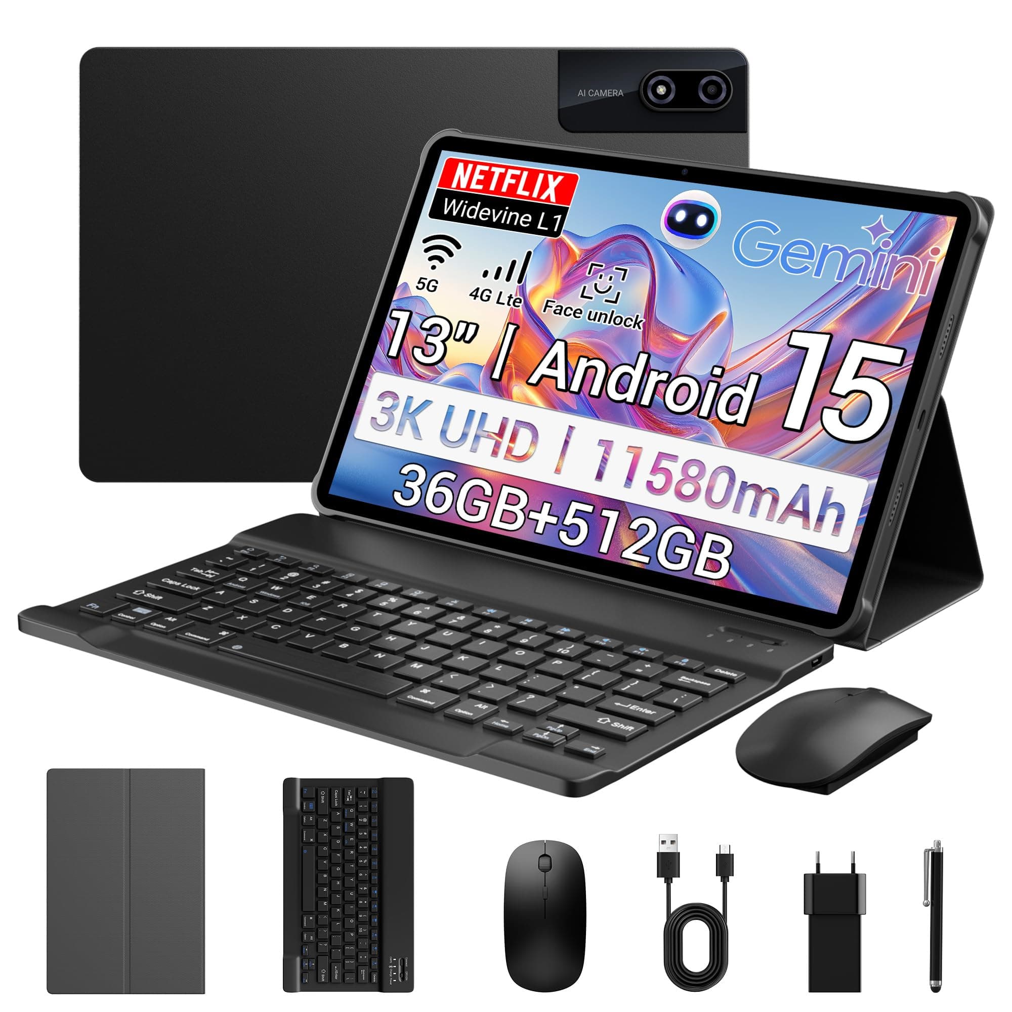 PIXGOOD 3K Tablette 13 Pouces avec Android 15, 36GB RAM, 512GB ROM (Extension 2TB), 4G Lte丨5G WiFi, 2940*1840UHD, 11580mAh, G99 2.2GHz, 13MP+8MP, Tablette Tactile avec Clavier丨GPS丨4 conférencier(Noir)