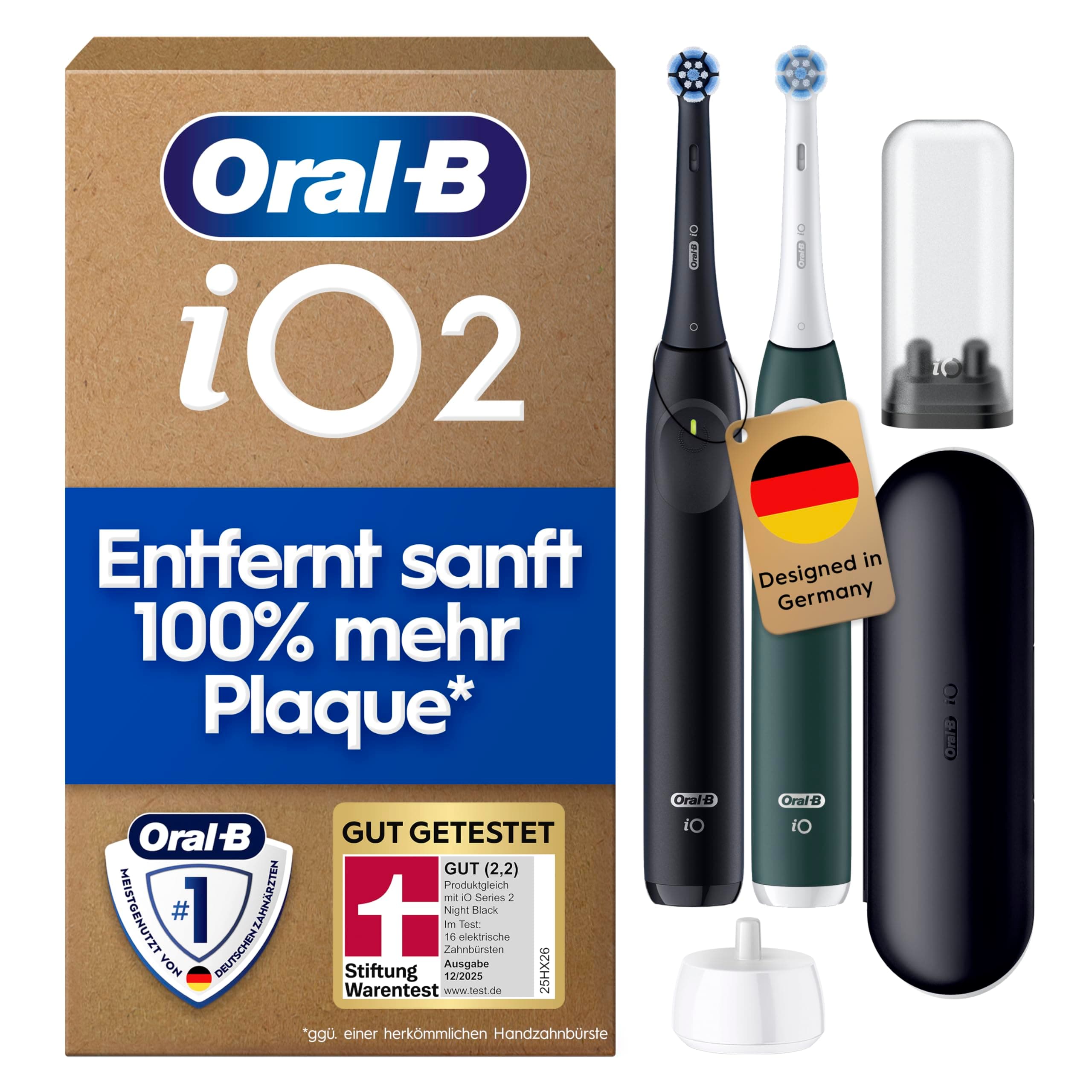 Oral-B iO Series 2 Elektrische Zahnbürste — Doppelpack — Electric Toothbrush, Inkl. 2 Aufsteckbürsten, Reise-Etui — 3 Putzmodi für Zahnpflege, GUT GETESTET (2,2) von STIFTUNG WARENTEST, Schwarz/Grün
