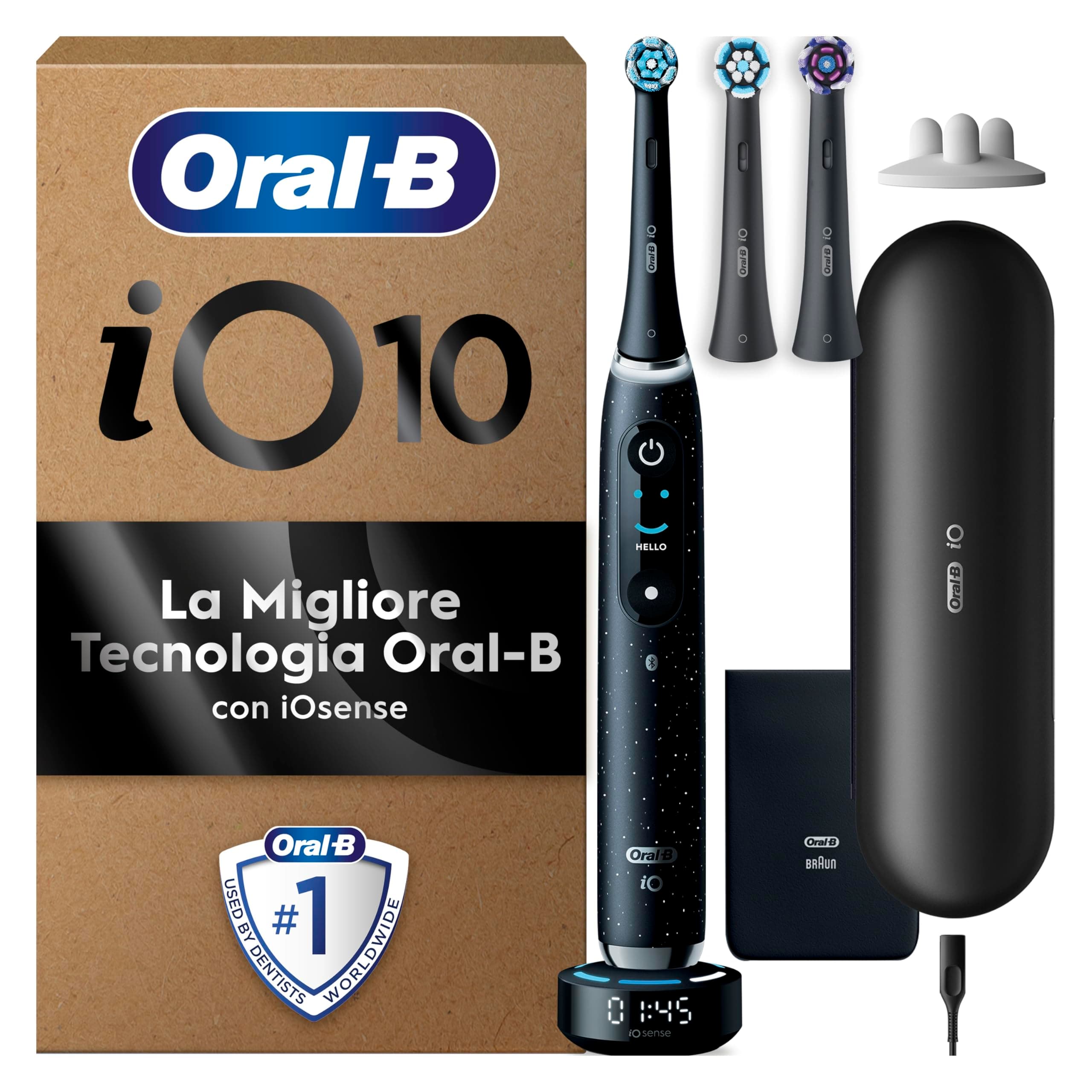 Oral-B Spazzolino Elettrico Ricaricabile iO 10 Nero, 3 Testine Oral B, Spazzolino Elettrico, 1 Custodia Da Viaggio Ricaricabile, Pulizia Denti Efficace