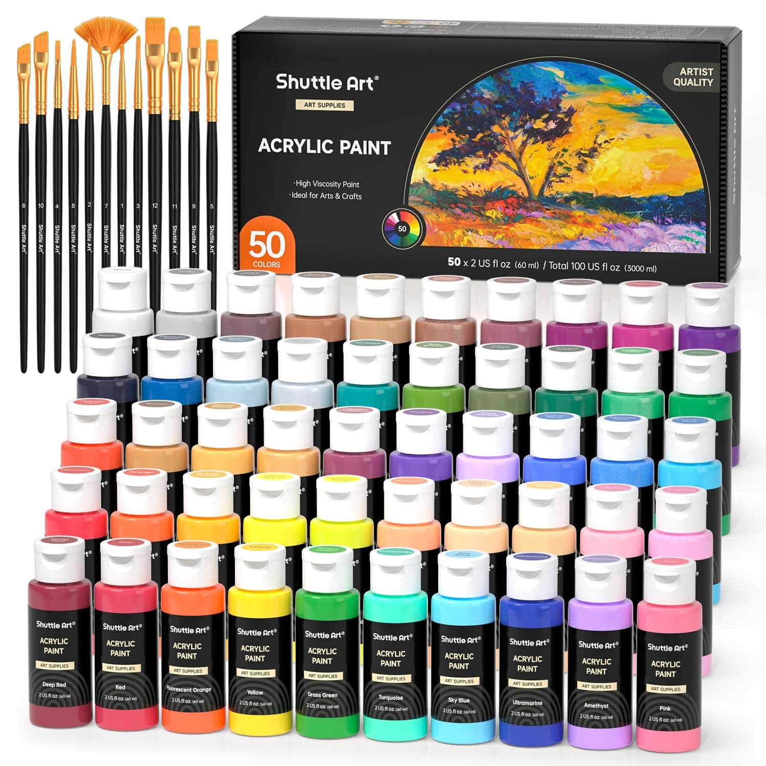 Shuttle Art 62PCS Pintura Acrílica, 50 Colores Acrílico (60 ml) con 12 Pinceles, Ricamente Pigmentado, Pintura para Tela Lienzo Piedra Madera, Acrilicos para Pintar para Artistas, Principiantes