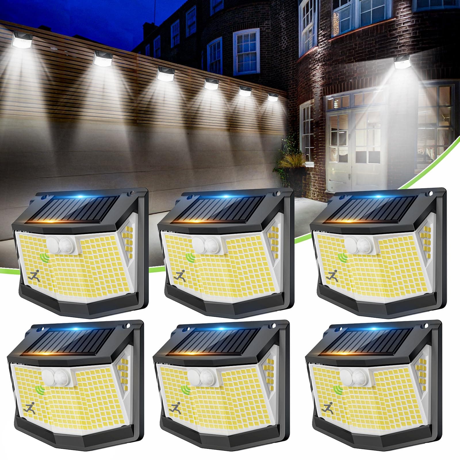 Luci LED Solare Esterno Giardino - 248 LED Luce Esterne con Pannello Solari | IP65 Impermeabile, Sensore da Movimento, 270° Illuminazione, 3 Modos Lampada da Esterni per Parete Garage 6 Pezzi Luce Bianca
