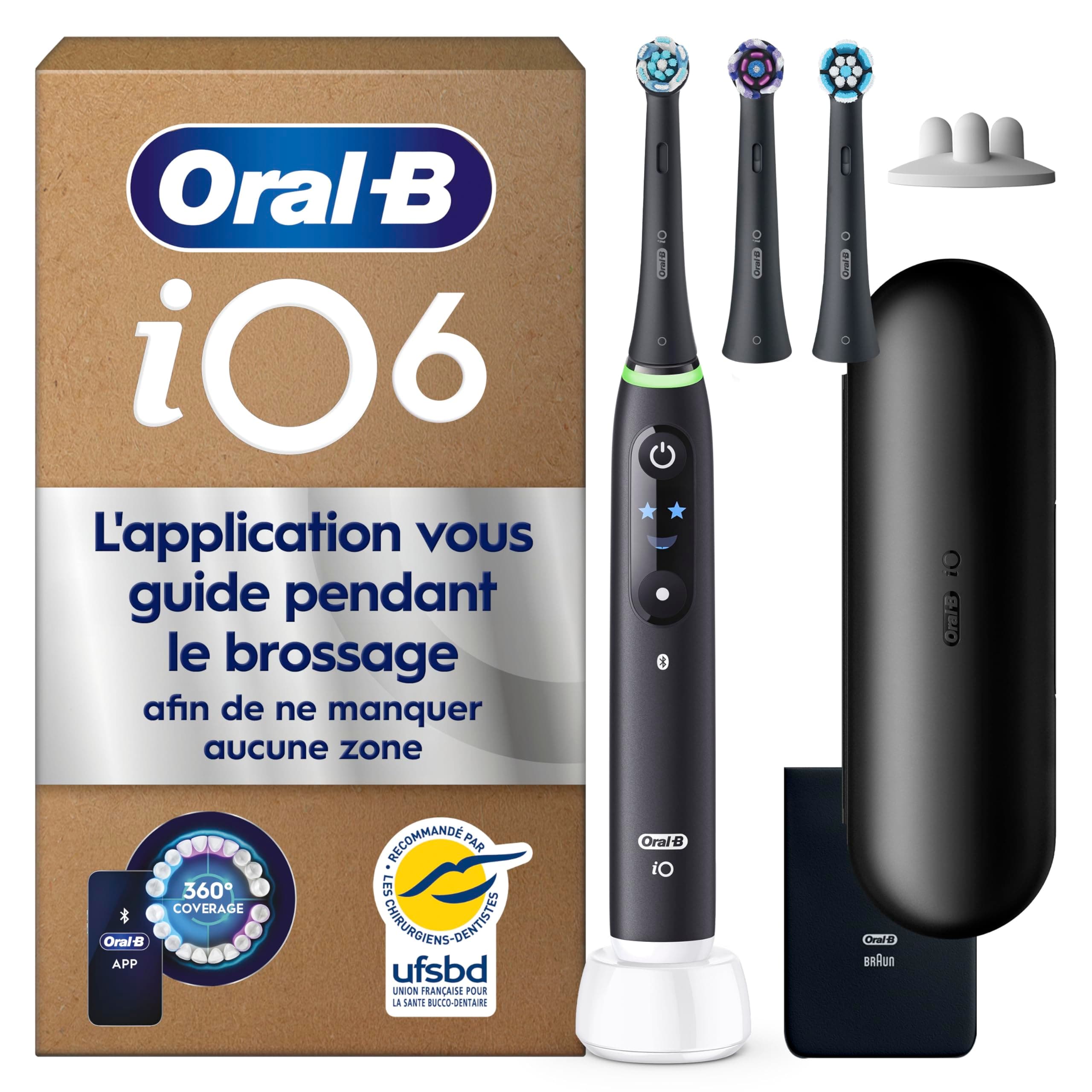 Oral-B Brosse à Dents Electrique iO 6, 3 Brossettes de Rechange, Noire | 5 Modes de Brossage dont Blancheur et Soin des Gencives, Capteur de Pression, Batterie Rechargeable, Etui, en Carton