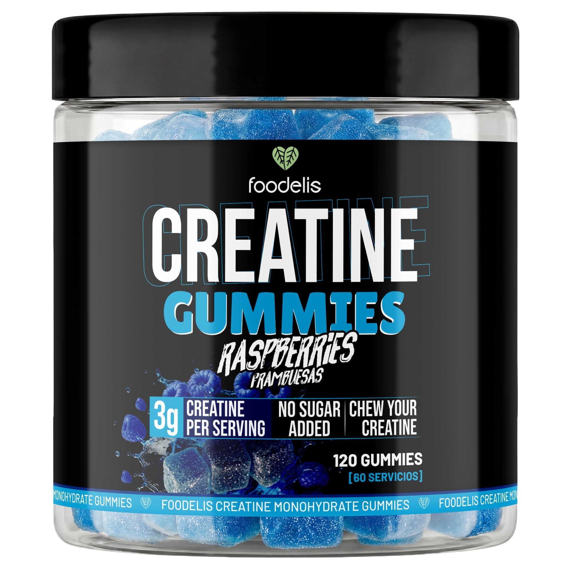Foodelis Creatina gominolas | Creatina Monohidratada en Gominolas | 1,5 g por Gummy | Dosis 2 Gummies = 3 g (120 ud, Frambuesa azul)