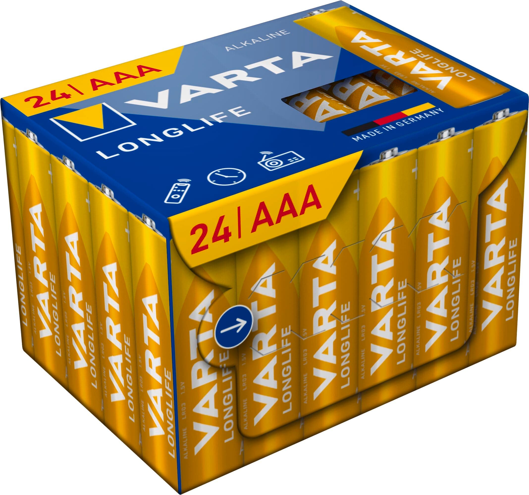 VARTA Piles AAA, paquet de 24, Longlife Power, alcalines, 1,5V, Cube, emballage recyclé à 90%, adaptées pour les télécommandes, les réveils, les radios, les horloges murales, Made in Germany