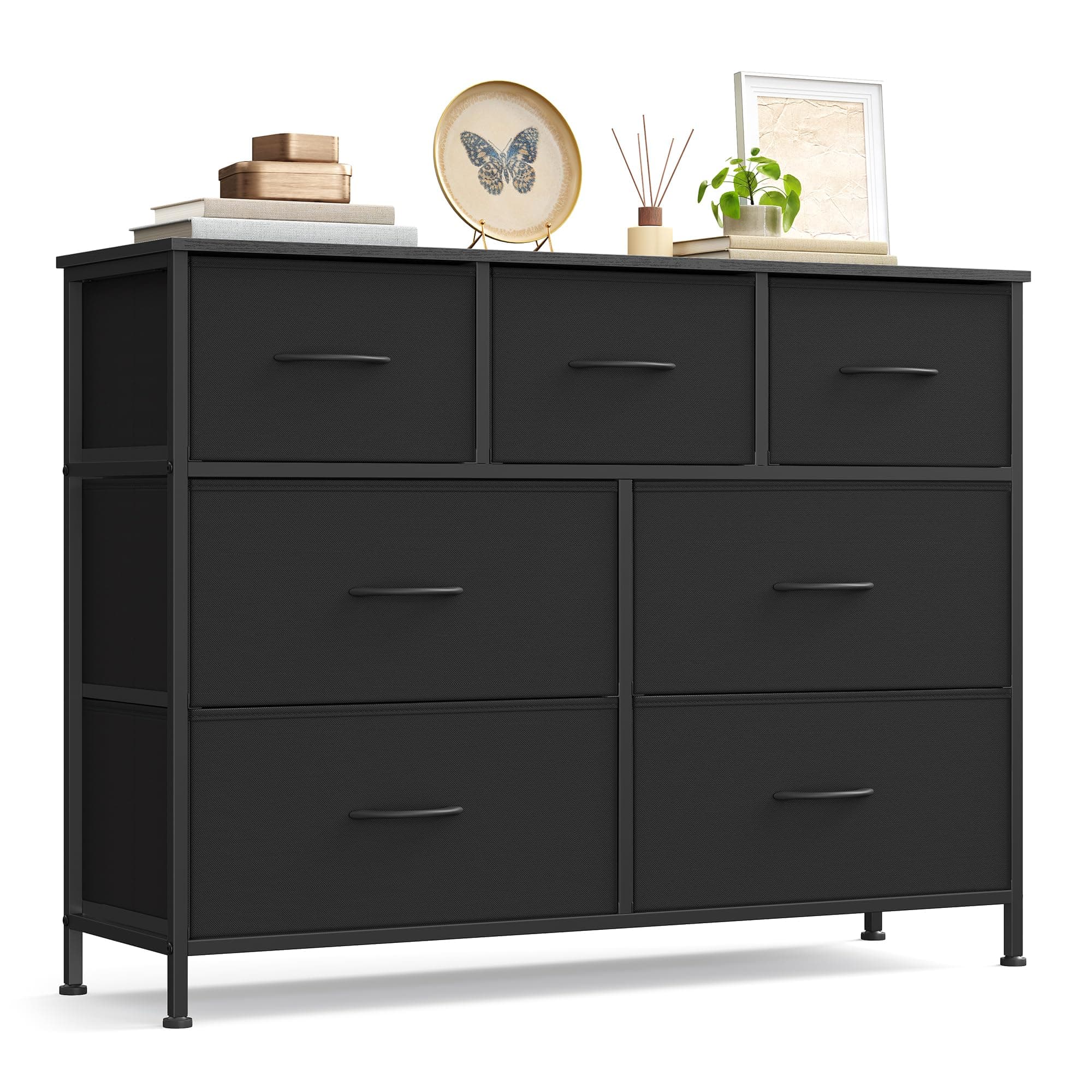 SONGMICS BELLAH Colección - Cómoda, con 7 Cajones para Dormitorio, Mueble de Almacenaje, Acero, MDF, Tela no Tejida, Dormitorio, Armario, Recibidor y Salón, Marrón Vintage y Negro Tinta LGS323BH03