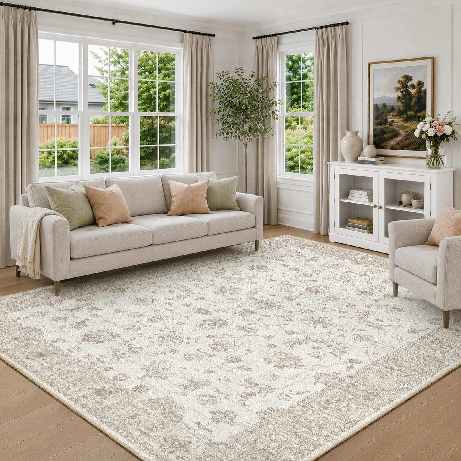 INOVADAY Tapis Lavable Antidérapant à Poils Courts Vintage Boho 160 x 230 cm pour Salon, Couloir, Chambre, Cuisine, Bureau, Salle à Manger et Entrée, Beige
