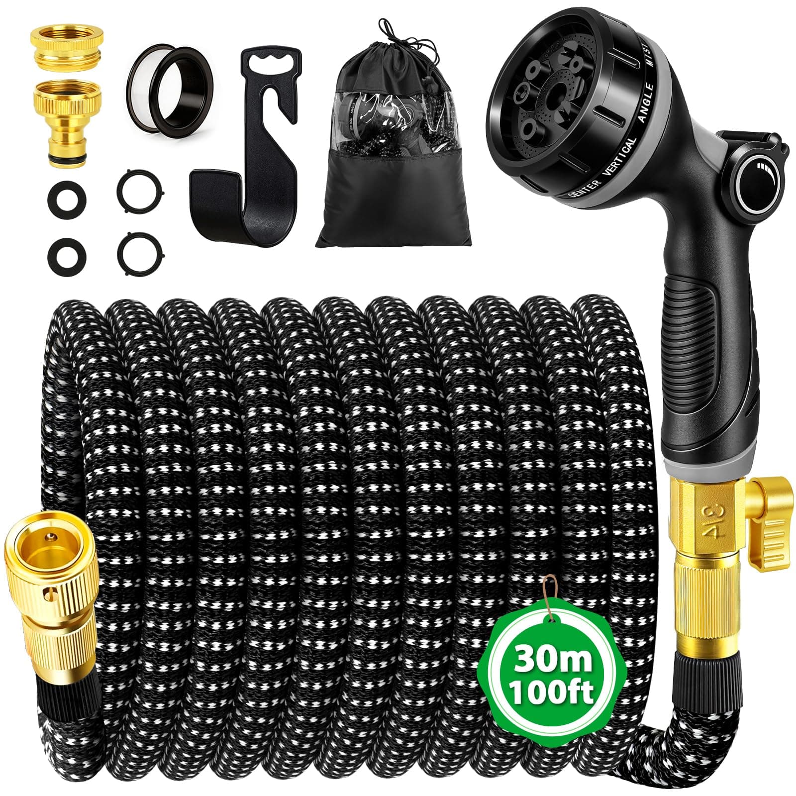 WEVOL Manguera Jardin Extensible 30M, Manguera Extensible con Conectores de 1/2" 3/4" y Soporte de Pared, Mangeras Jardineria con 10 Funciones Pistola para Jardín, Lavar la Mascota, Lavado de Coche