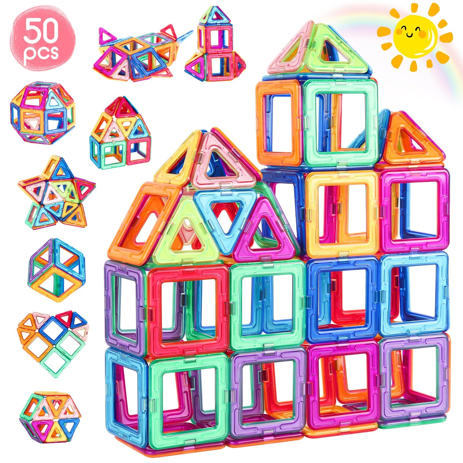 Bloques de Construcción Magnéticos 50PCS, Construcciones Magneticas Niños | 3D Juegos Magnéticos para Niños, Bloques Magneticos Imanes, Educativos Juguetes Niños de 3 4 5 6 7 8 Años