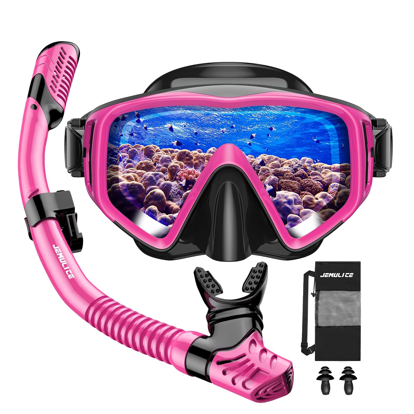 JEMULICE Gafas y Tubo de Snorkel Set para Adulto, Panorámico de 180° Gafas de Buceo Adulto de Cristal Templado y Dry Top Snorkel, Equipo de Buceo Juego de Snorkel Profesional para Mujeres Y Hombres