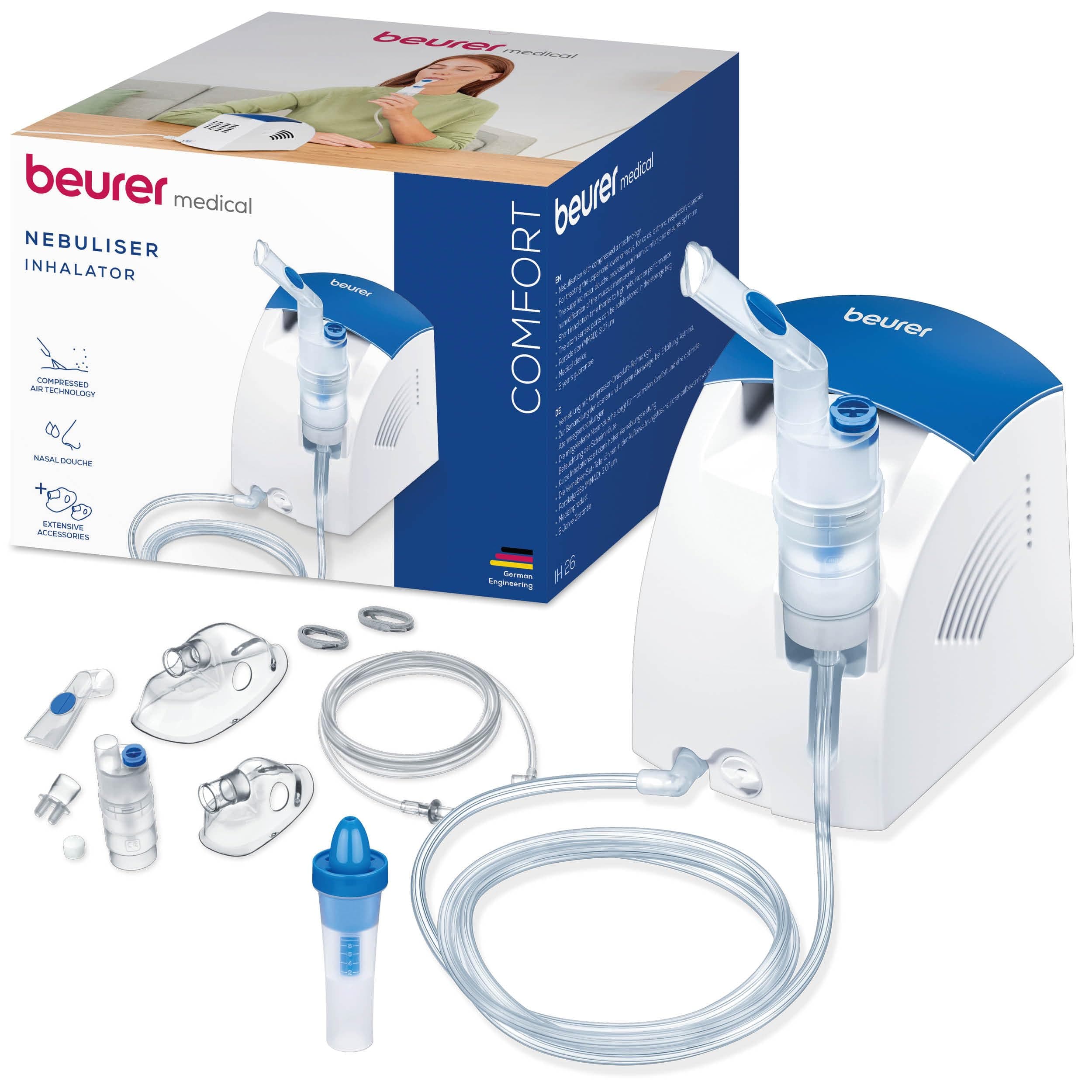 Beurer IH 26 Nébuliseur, Inhalateur avec douche nasale, haute performance d'inhalation, pour le traitement des maladies respiratoires telles que l'asthme et le rhume, enfants et adultes