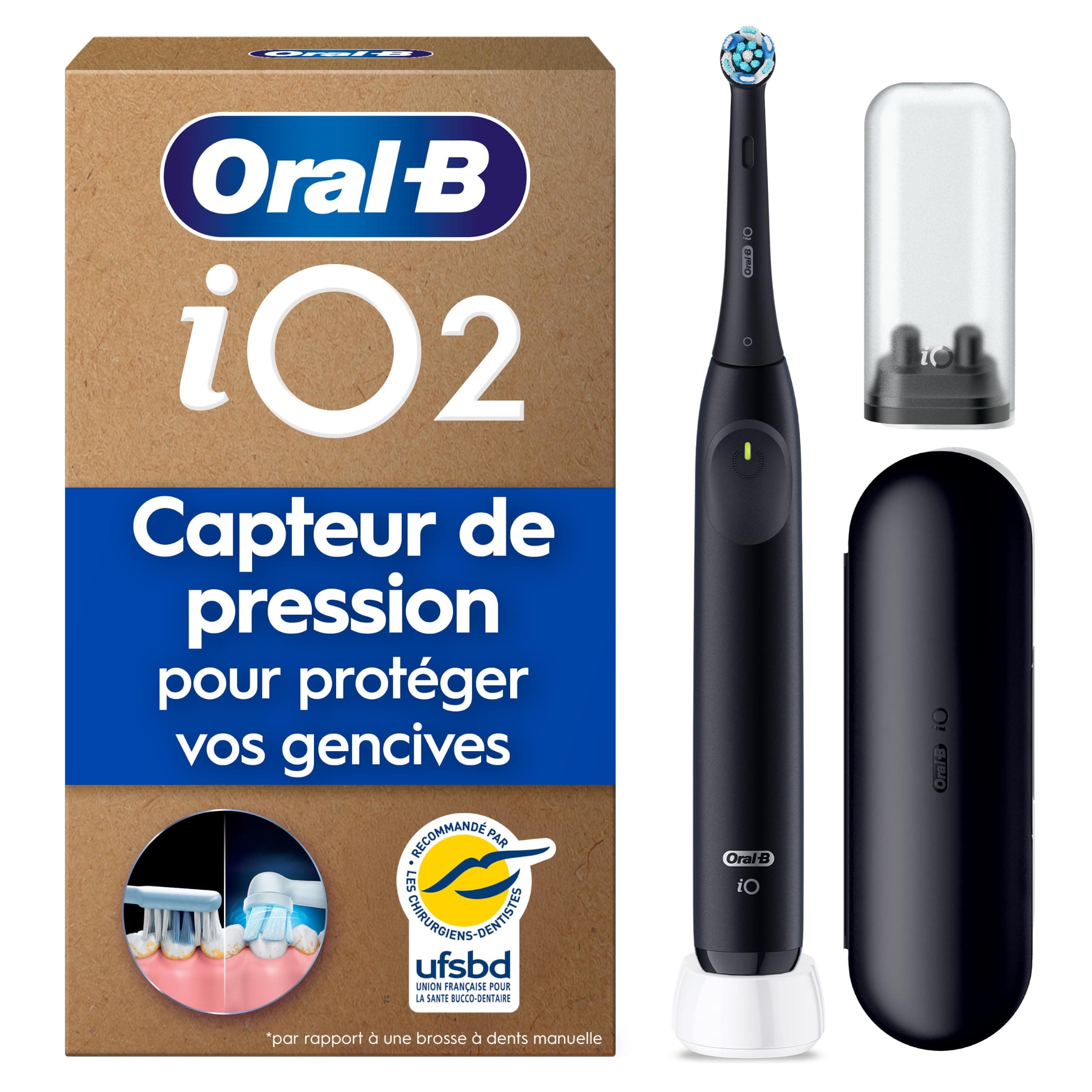 Oral-B Brosse à Dents Electrique iO 2, Brossette de Rechange, Noire | 3 Modes de Brossage Silencieux dont Douceur, Capteur de Pression sur les Gencives, Batterie Rechargeable, Etui, Chargeur