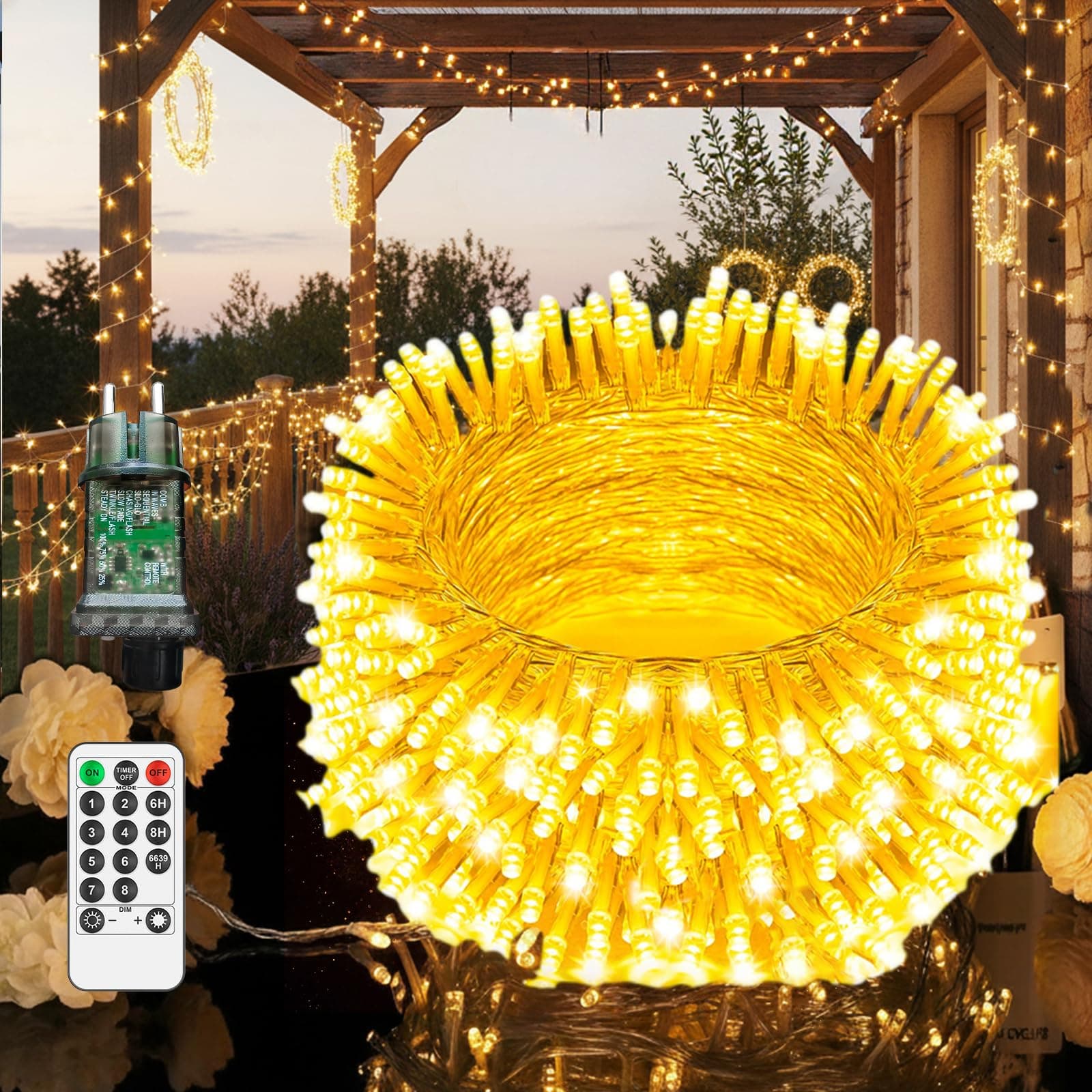 fullarrive Guirlande Lumineuse Extérieur 45M, 400 LED IP44 Etanche – Guirlande Guinguette Blanc Chaud avec Télécommande et Minuterie, 8 Modes d’Éclairage pour Jardin, Terrasse, Mariage, Maison