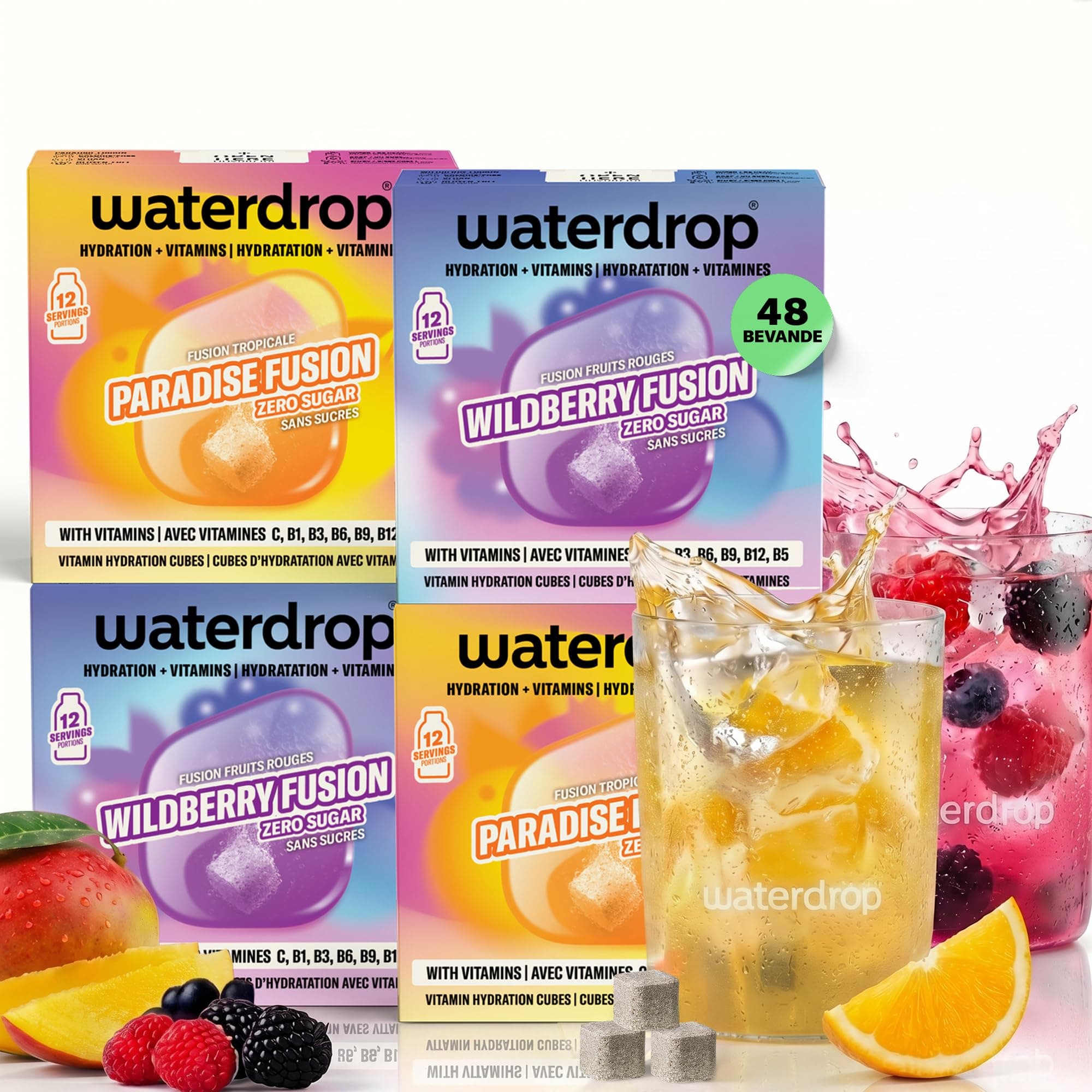 waterdrop® FUSION set - Cubetti per Acqua - 48 Cubi (4x12) Mix Frutti Tropicali e di Bosco - Senza Zucchero con Vitamina C e Vitamina B12 - Alternativa ai Succhi di Frutta - 5 kcal