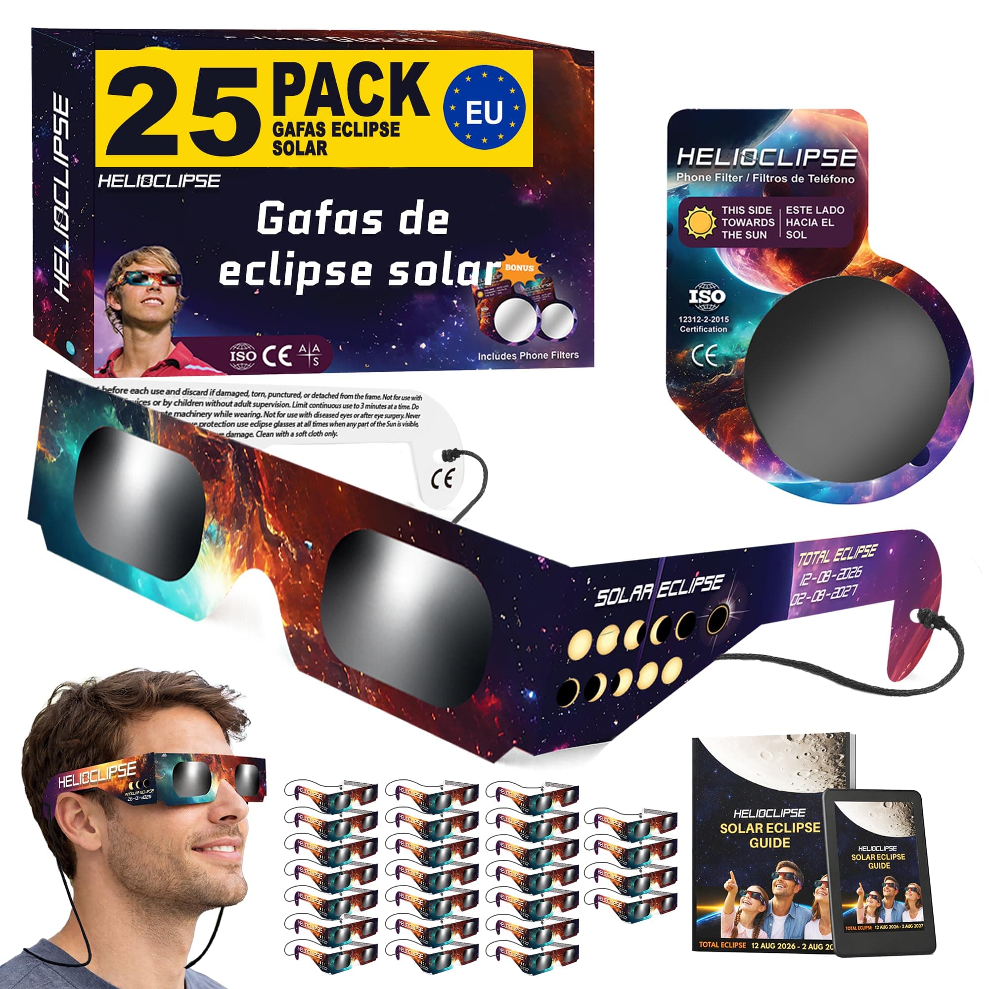 Helioclipse 12/25/50/100 Gafas Eclipse Solar Homologadas ISO 12312-2 CE para Ver Eclipse Solar 2026, Gafas de Eclipse Solar Seguras Certificadas