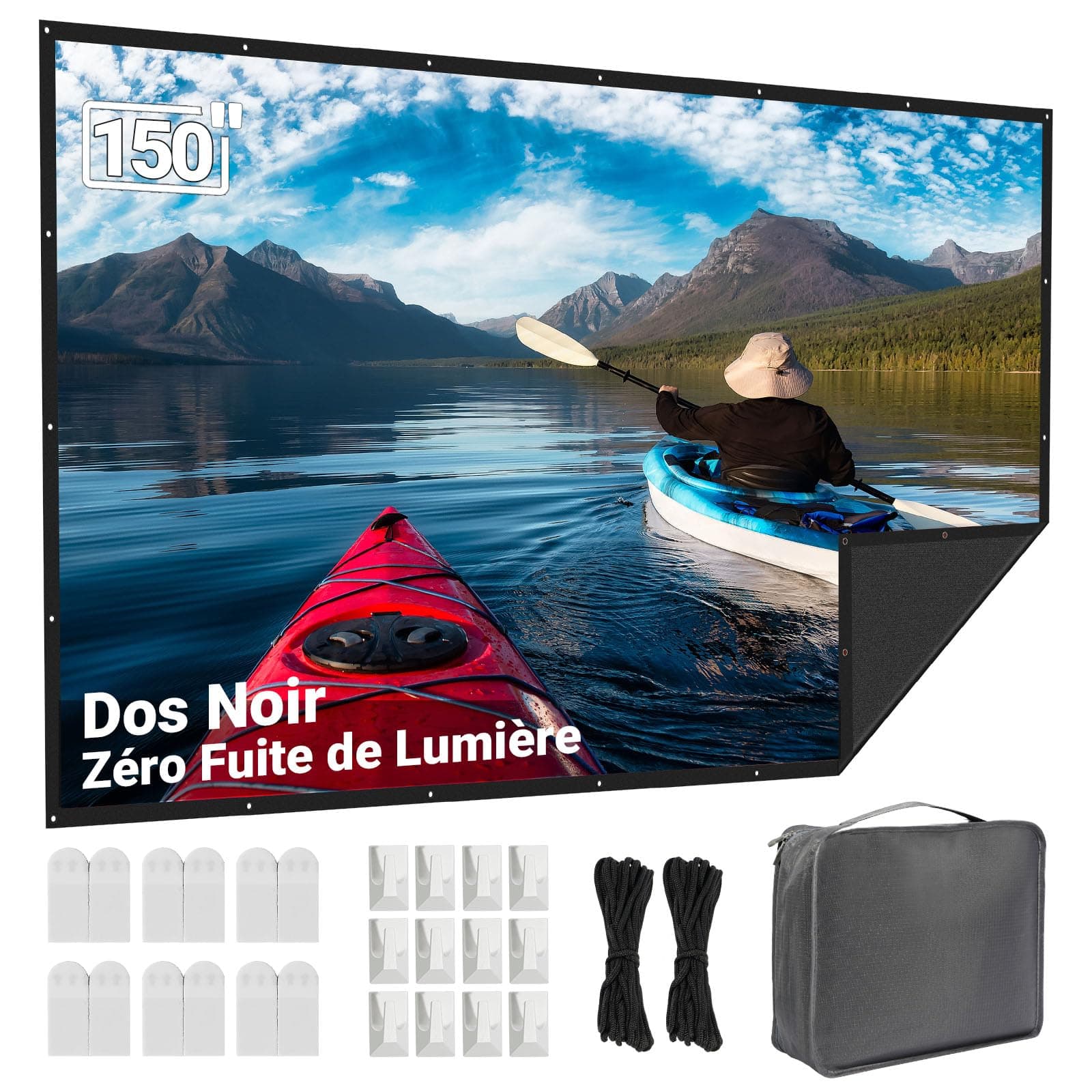 LEORFI Écran de Projection d'extérieur de 150" – Mise à Niveau avec Fond Noir et Opaque – Écran Portable pour vidéoprojecteur intérieur et extérieur – 16:9, Lavable, Infroissable, pour Home cinéma