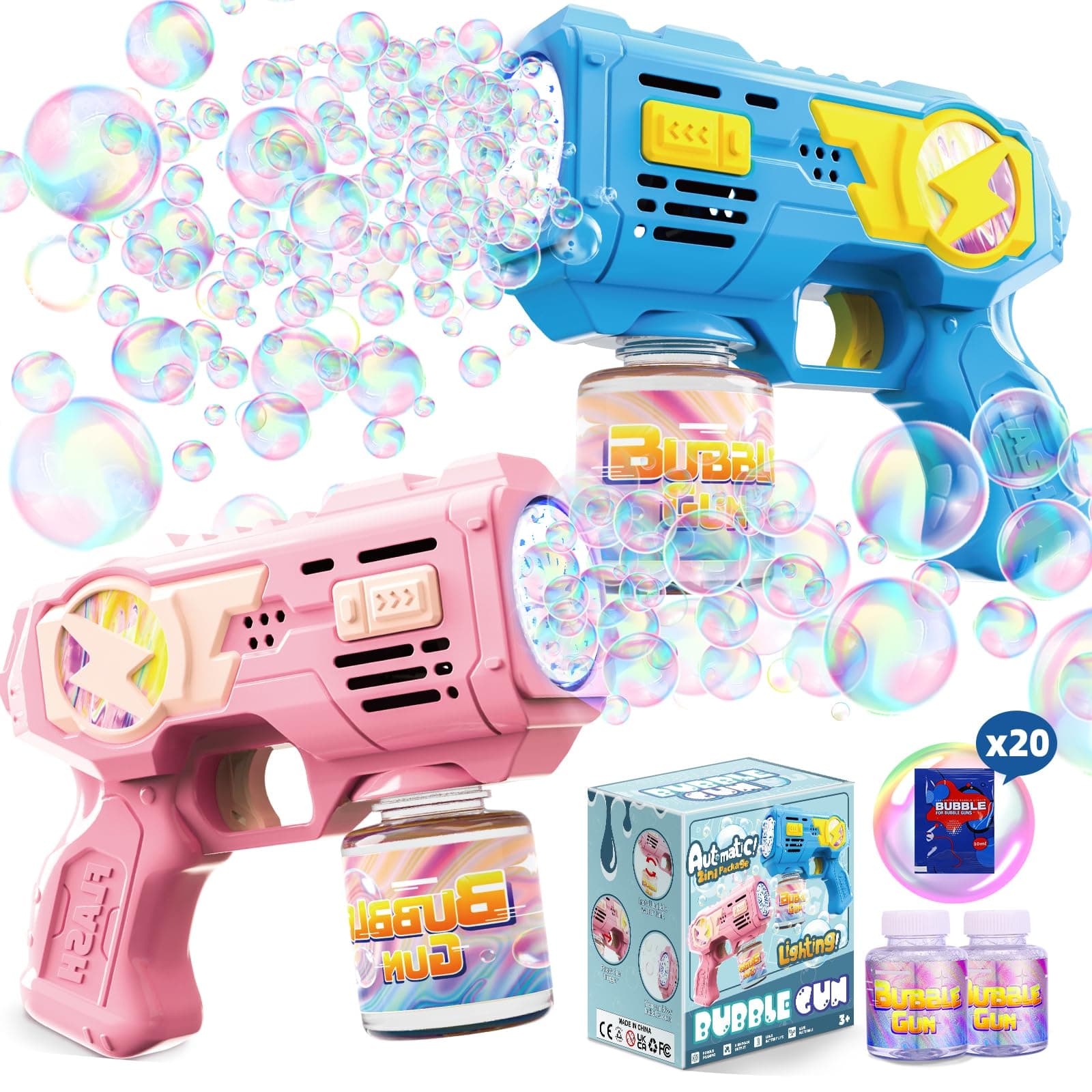 POPERFUN Sparabolle di Sapone 2 Pezzi, Spara Bolle di Sapone Automatico con Luci LED, Pistola Bolle di Sapone per Bambini di Età Superiore a 3 Anni, Feste di Compleanno, Pasqua e Giorno dei Bambini