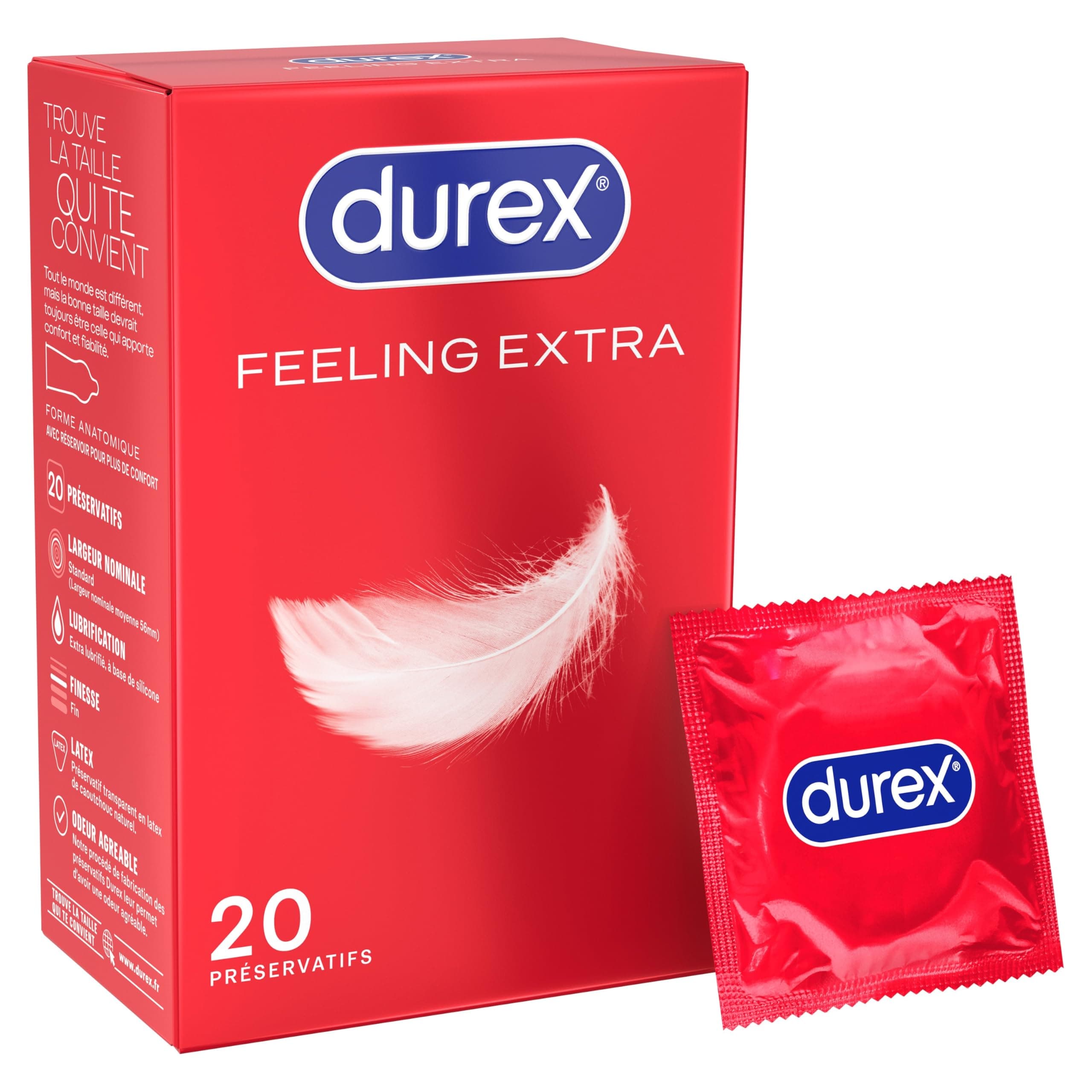 Durex Préservatifs Feeling Extra - 20 Préservatifs Fins et Extra Lubrifiés Pour Plus de Sensations - Taille Standard