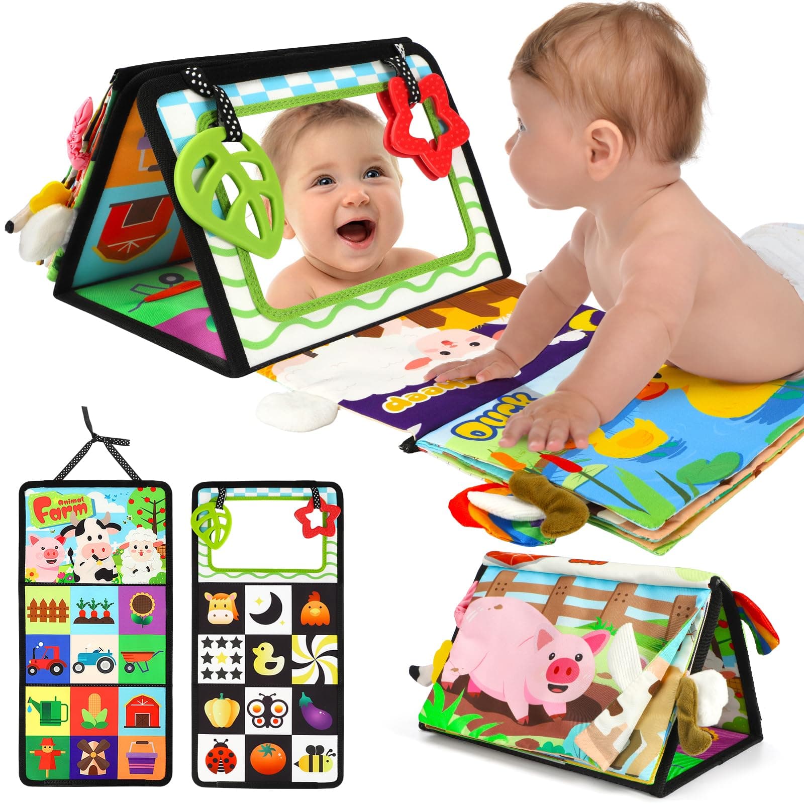 URMYWO Juguete Bebé 0-12 Meses, Libro con Espejo y Anillo de Dentición | Modelo Plegable Sin BPA Con Papel Arrugado Sensorial Y Motivos En Blanco Y Negro Para Tummy Time Y Estimulación Visual