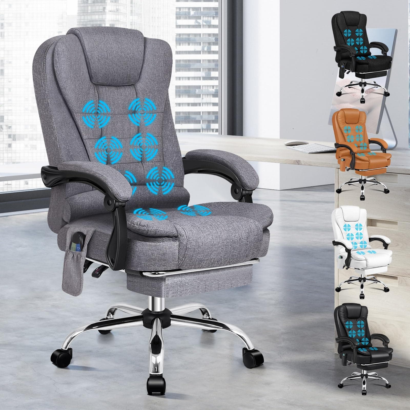 ALFORDSON Sedia Scrivania con Massaggio, Sedia Ufficio Ergonomica con Sedile riscaldato, Supporto Lombare e Poggiapiedi, Poltrona Girevole per Ufficio e Studio Sala Riunioni, Tessuto(Grigia)