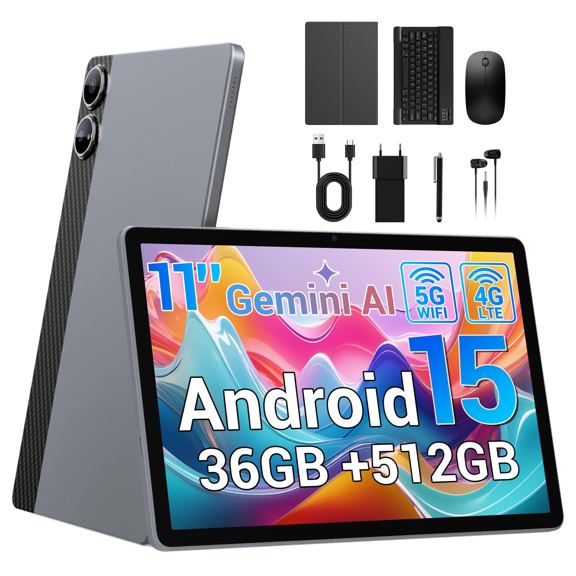 BEYNIVAN Tablet 11 Pulgadas Android 15 Tableta con Ranura sim,4G LTE y 5G WiFi,36GB RAM+512GB ROM/9580mAh y 20W/Face ID/GPS/BT 5.0/TÜV/USB-C,Tablet con Teclado