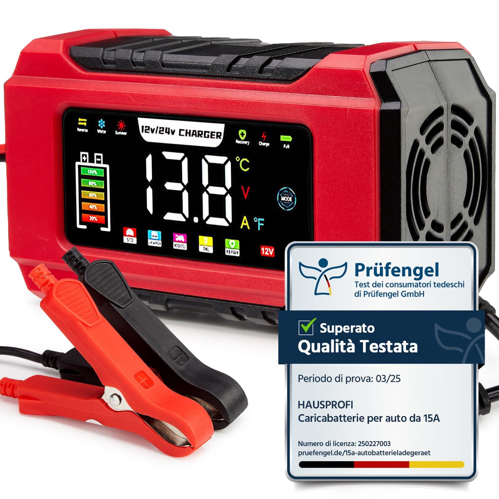 HAUSPROFI Caricabatterie per Auto e Moto 15A/8A 12V/24V, Mantenitore di Carica Intelligente con Desolfatazione, Ricarica a 9 Fasi e LCD Touchscreen, per Batterie al Piombo, AGM, EFB e LiFePO4