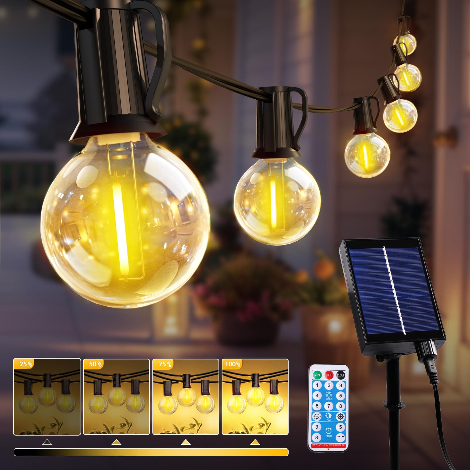 ROVLAK Guirnaldas Luces Exterior Solar 10M 15+1 LED G40 Bombillas Cadena Luces Jardín con Batería 1800 mAh, IP44 Impermeable, 8 Modos, Control Remoto Luz Decoración para Terraza, Patio, Boda, Fiesta