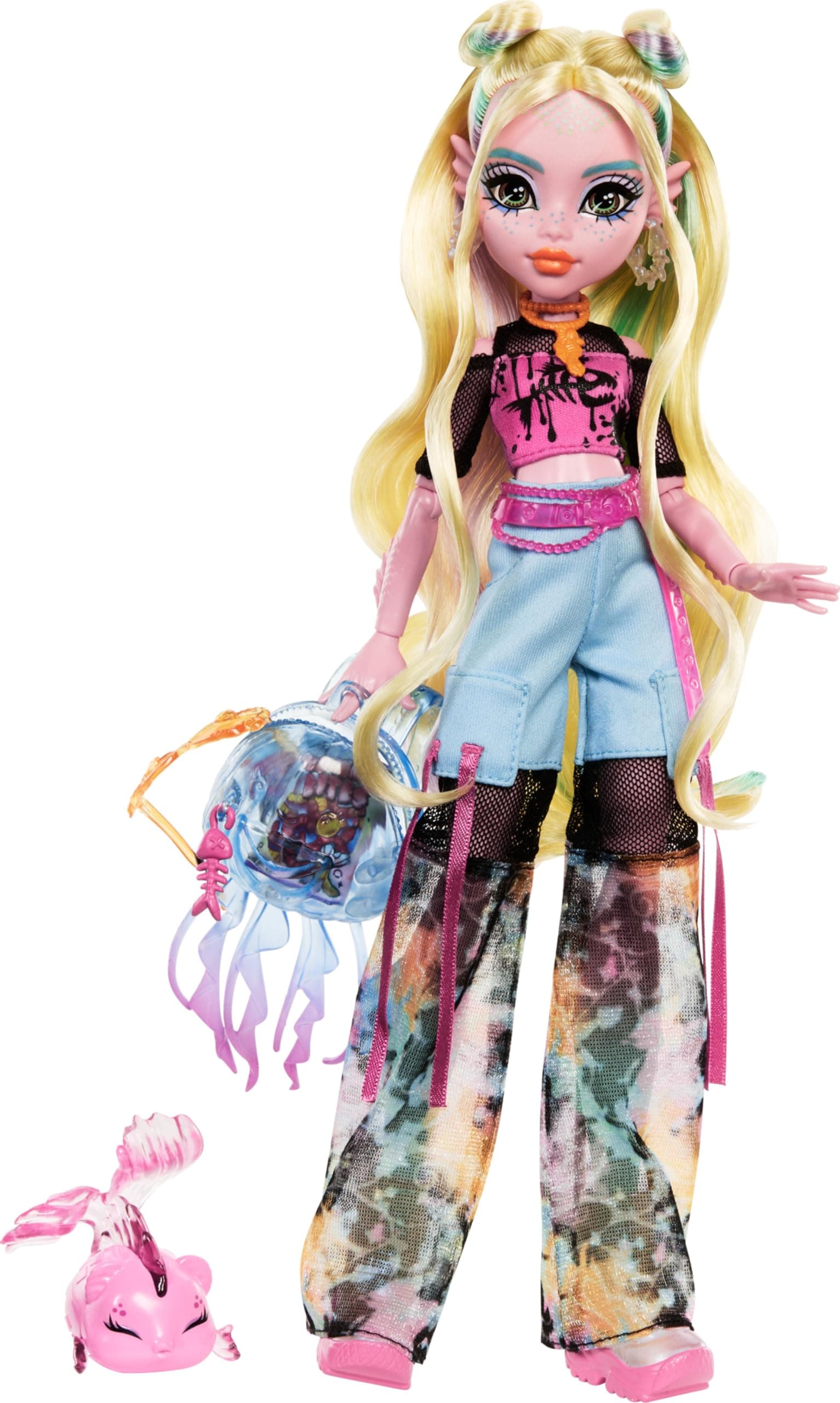 Monster High Lagoona Blue Muñeca con Pantalones Cargo | Monstruo marino con camiseta de red y pantalones, mascota Neptuna y accesorios como mochila, snack y libreta, HXH75