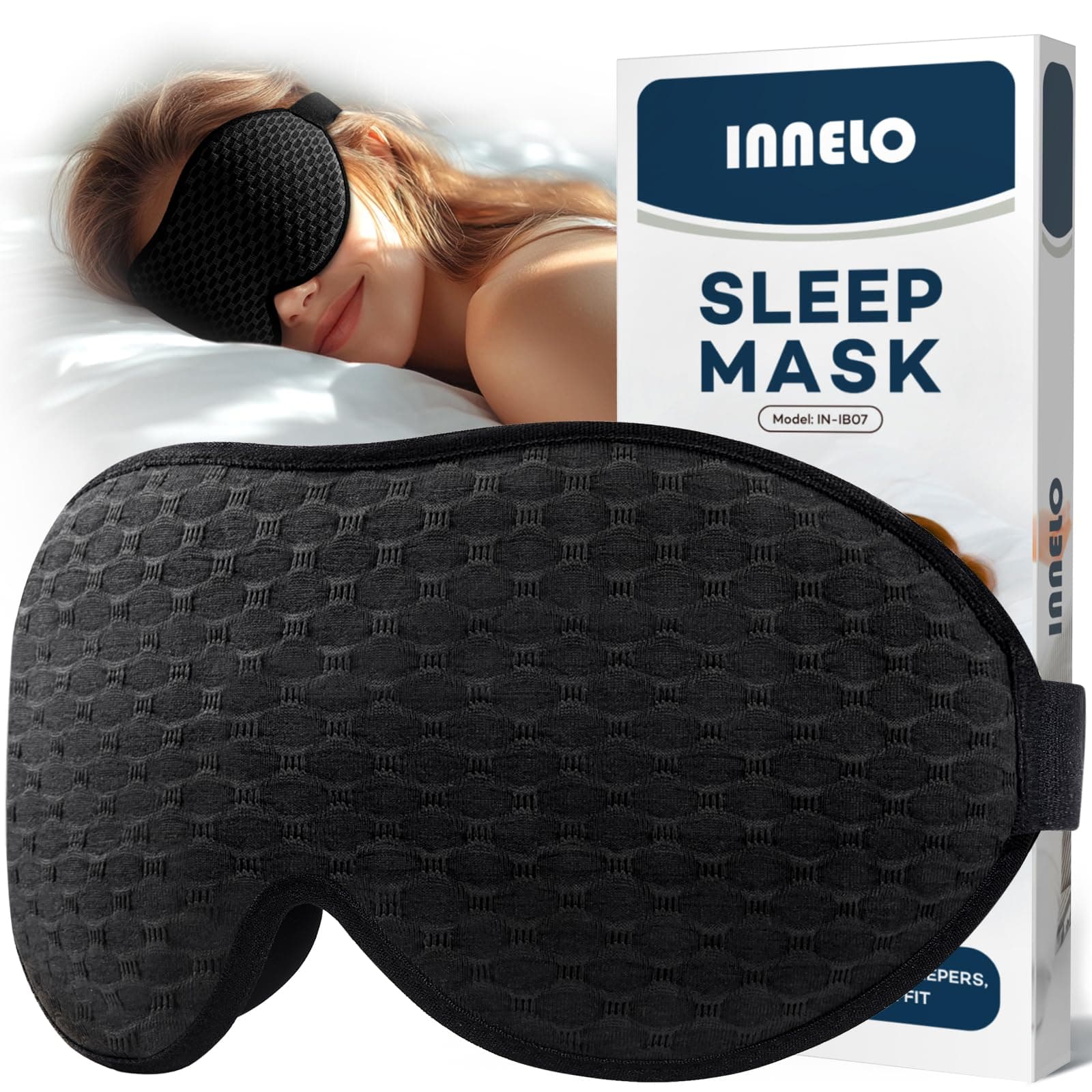INNELO Masque de Sommeil 3D pour Hommes et Femmes, 2025 Version Améliorée Dormeurs Latéraux, Masque Oculaire Ergonomique à 100% Anti-Lumière, avec Orbites Oculaires Confortables et Sans Pression, Noir