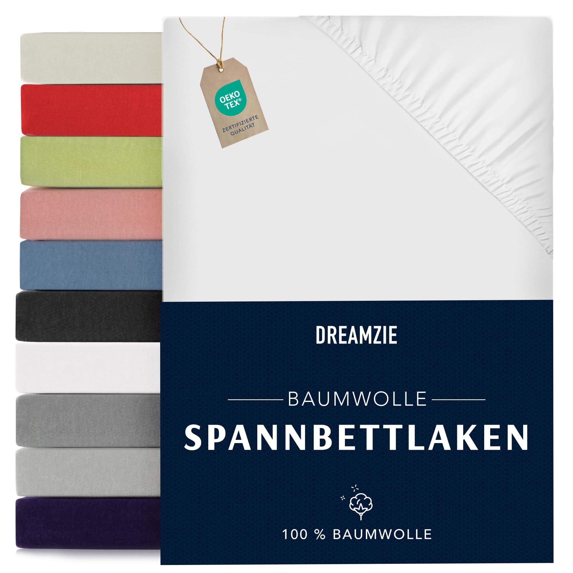 Dreamzie - Spannbettlaken 200x200cm - Baumwolle Oeko Tex Zertifiziert - Weiß - 100% Jersey Spannbetttuch 200x200