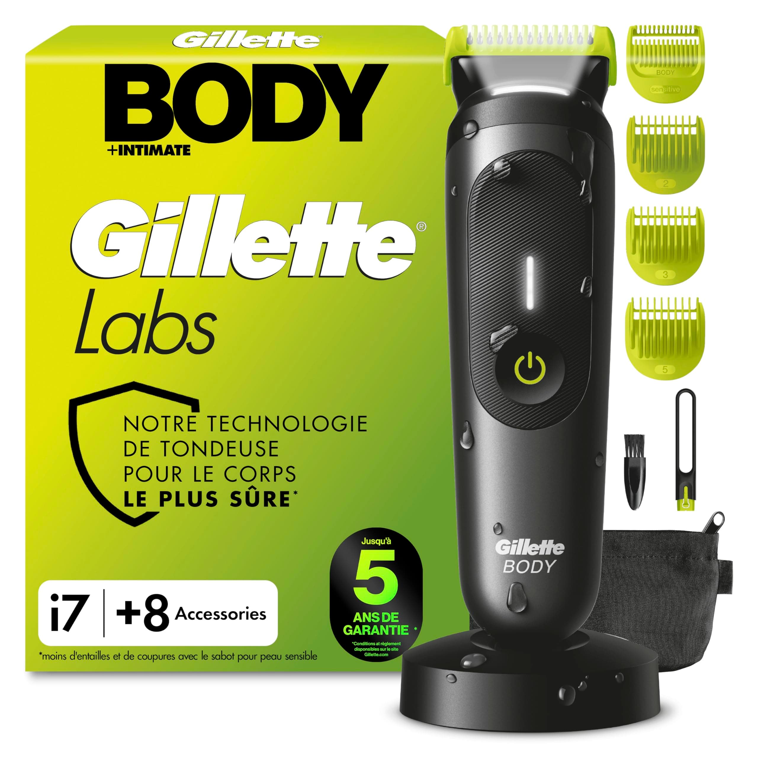 Gillette Labs Body + Intimate Tondeuse Homme i7, Tondeuse Corps et Zone Intime, Étanche, Dotée de la Technologie SkinFirst et de la Lumière LED pour Visibilité, 3 Sabots, Batterie Rechargeable Incluse