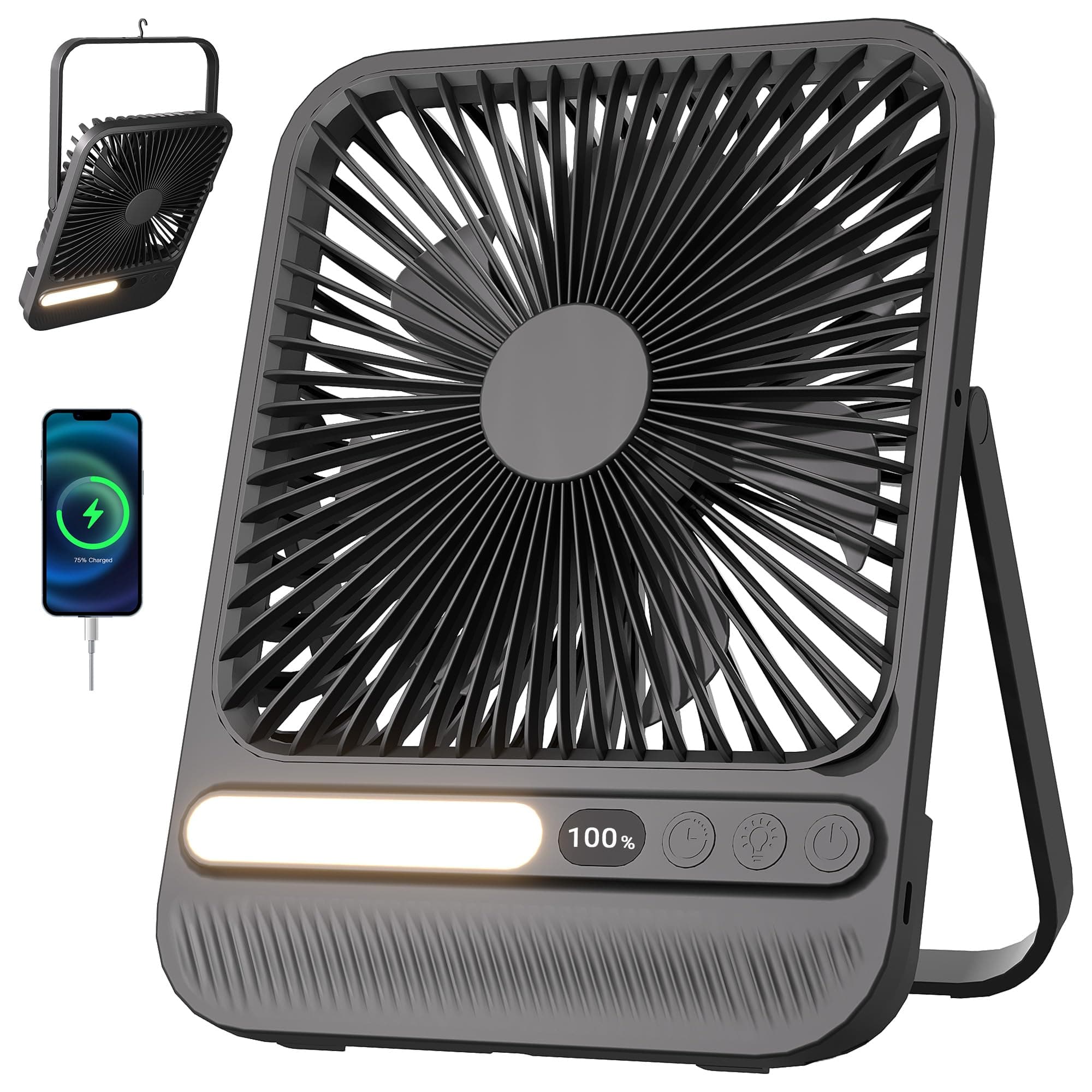 Ventilateur Portable de Voyage 7 Pouces avec Lumière, jusqu’à 28H d’Autonomie, Ultra Fin 1,4 Pouce, Minuterie 8H, Silencieux 42 dB, 4 Vitesses, Inclinaison 180°, Ventilateur de Bureau Rechargeable