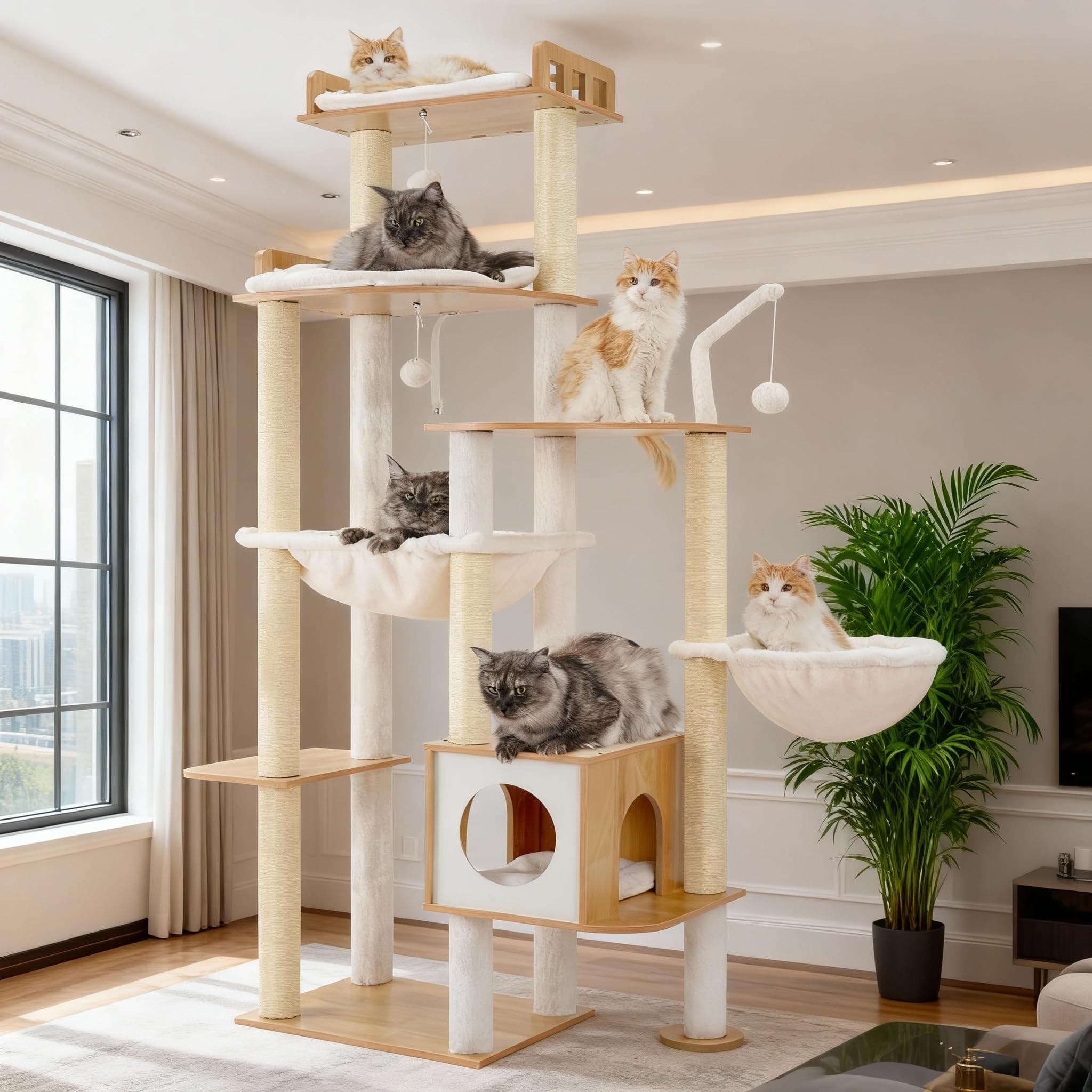 Heybly Arbre à Chat Tour 179 cm pour Gros Chats Intérieur, Structure Extra Stable, Meuble pour Chats Moderne avec Poteaux à Griffoir en Sisal, Condo & Hamacs, Coloris Noyer HCT121WB