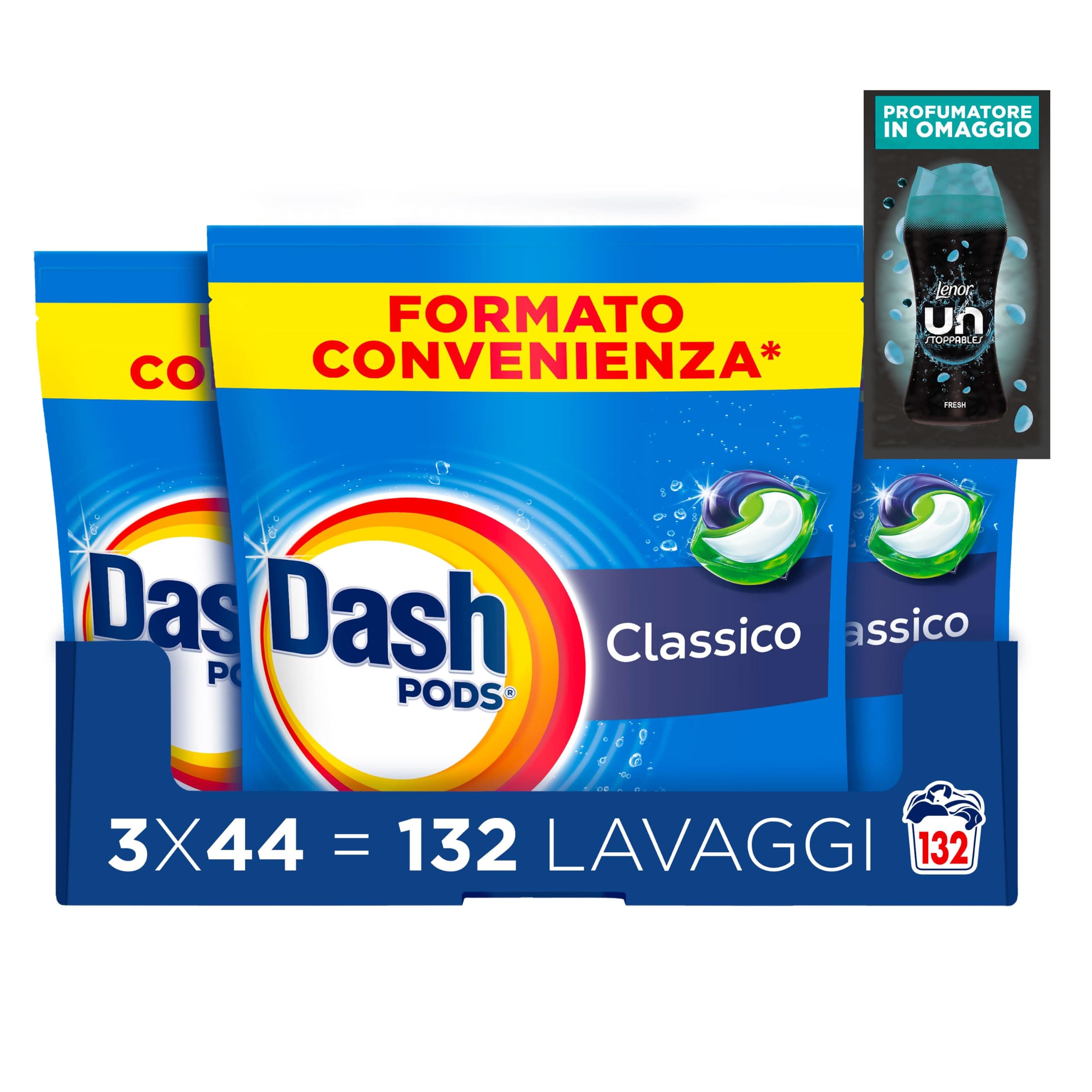 Dash Pods Classico Detersivo Lavatrice in Capsule, 132 Lavaggi + Omaggio | Rimuove macchie, igienizza in 1 lavaggio, 3 additivi integrati, campione profumatore in regalo