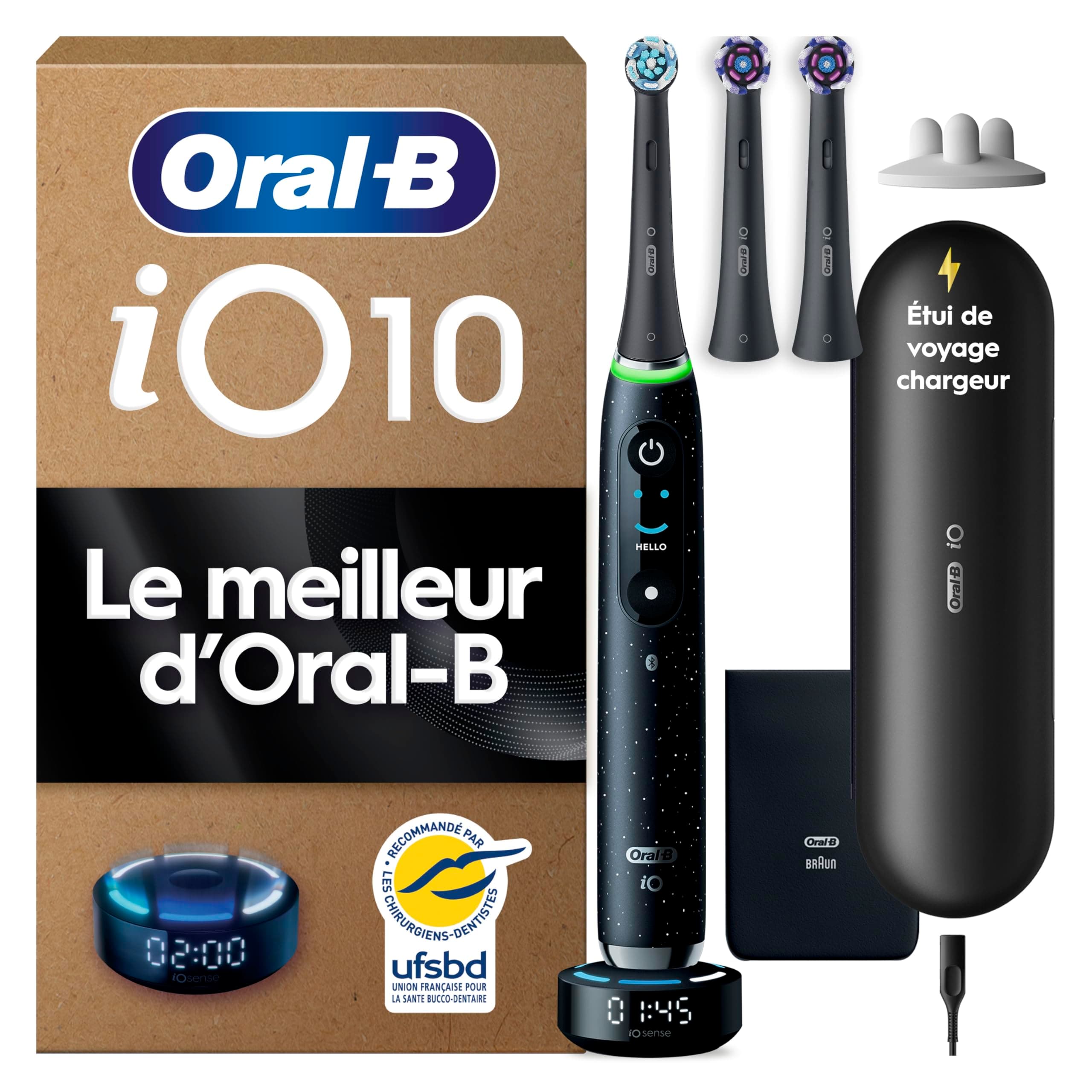 Oral-B Brosse à Dents Electrique iO 10 avec Brossette de Rechange, Noire – 7 Modes dont Blancheur et Soin des Gencives, Capteur de Pression, Batterie Rechargeable, Coach de Brossage, Etui