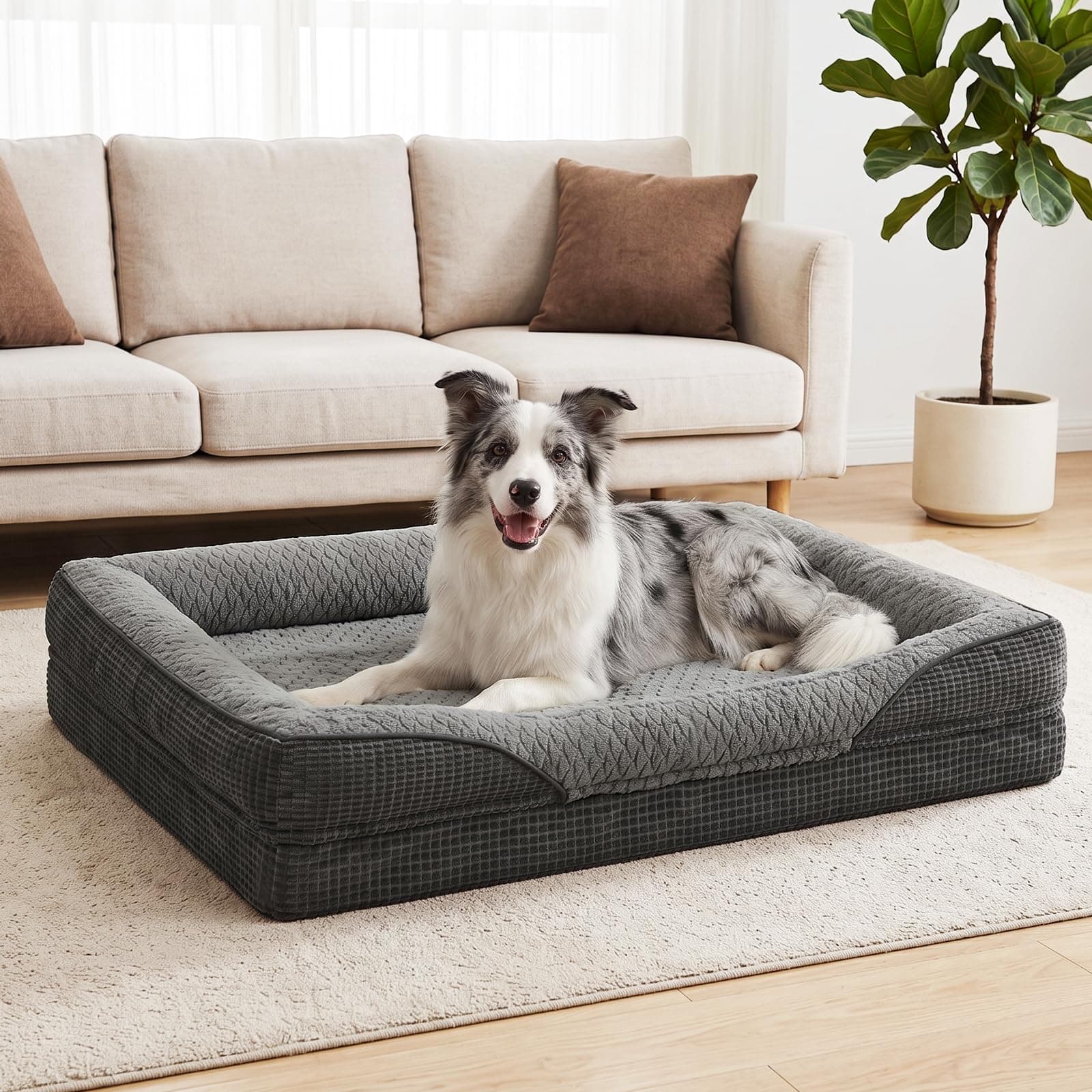 FURTIME Panier Chien Grande Taille, Lit Chien Orthopédique, 89x64x18cm | Panier Chien Mousse Memoire de Forme en Mousse Alvéolée, Déhoussable Lavable, Imperméable, Antidérapant, Tissu Flanelle Douce