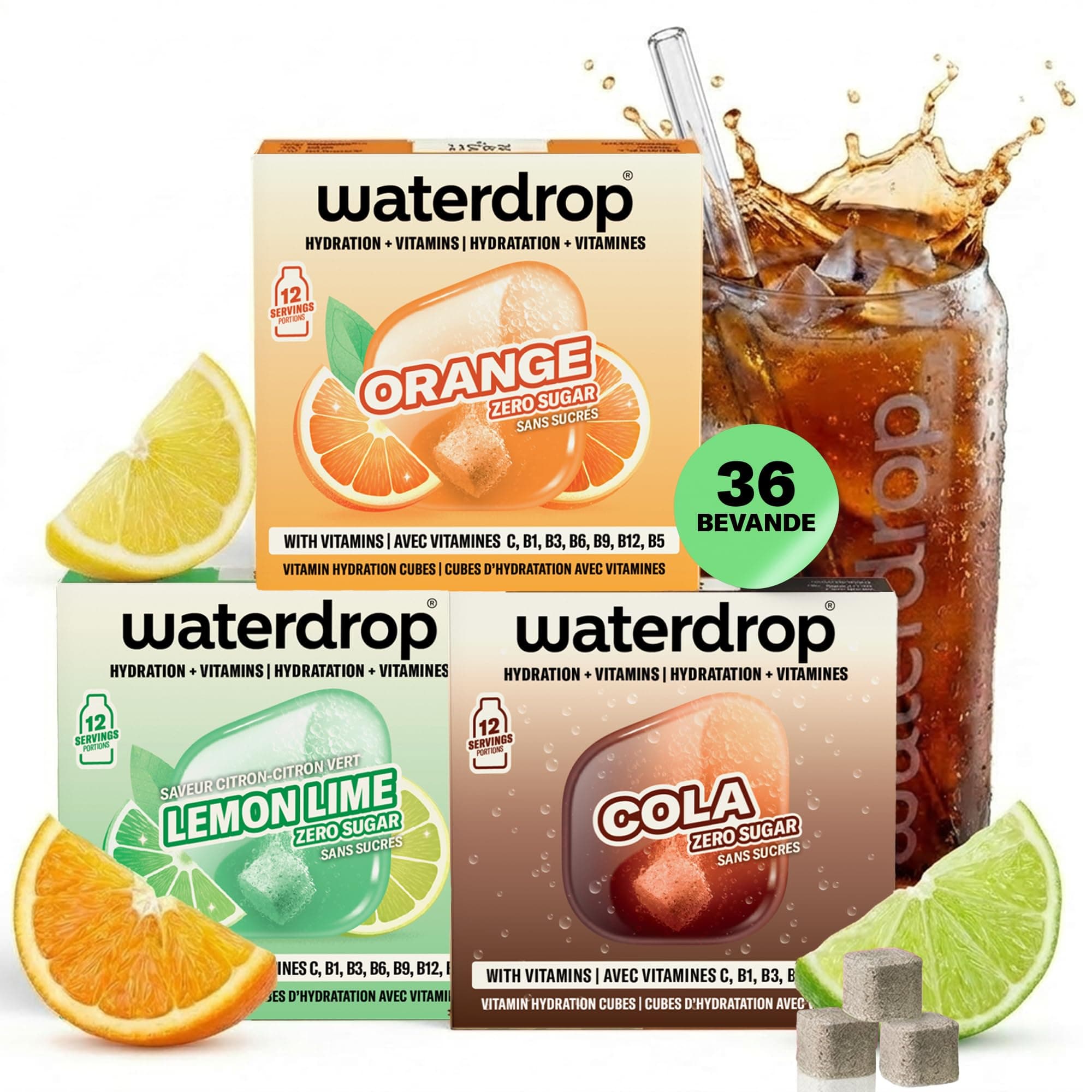 waterdrop® Set Microdrink, ARANCIA, COLA e LIME, 36 cubetti effervescenti, insaporitore acqua senza zucchero per aromatizzare l'acqua, Estratti di frutta, Acqua Aromatizzata, infusione a freddo