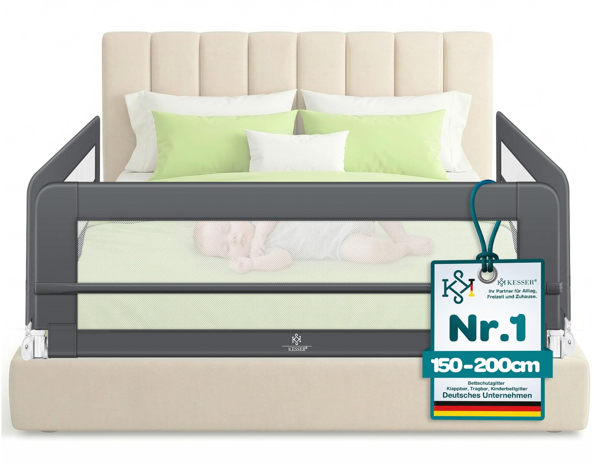 KESSER® Bettgitter 200 cm Bettschutzgitter Kinderbettgitter für Kinder Babybettgitter Klappbar, Tragbar, Kinderbett Kinderbettschutzgitter Rausfallschutz, Bett & Elternbett hoch: 42 cm, Dunkelgrau