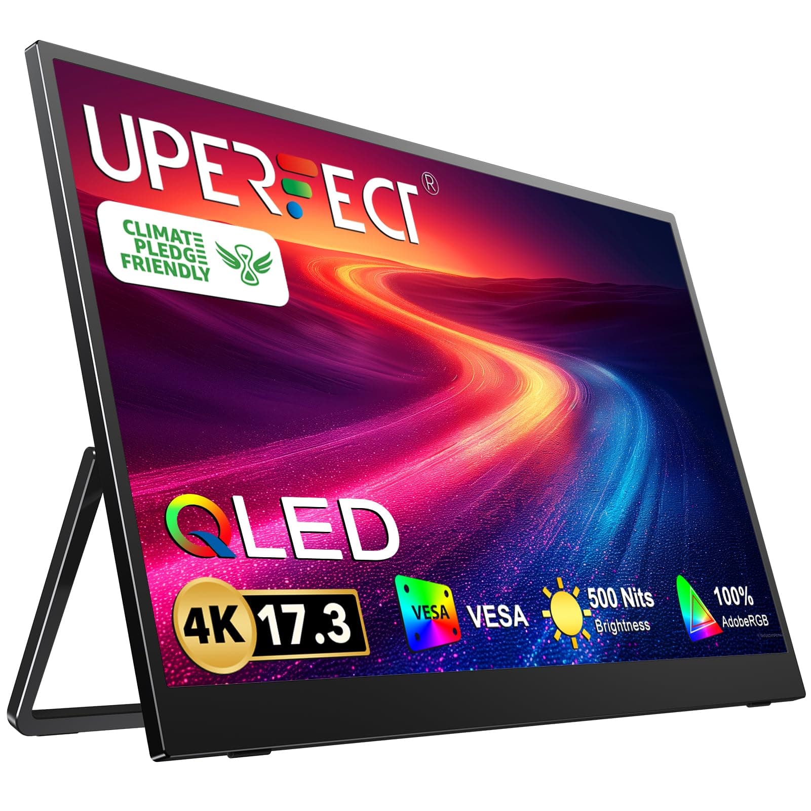 UPERFECT 17.3 Pulgadas 4K QLED Monitor Portátil 100% AdobeRGB 1500:1 500 Nits 3840*2160 Mate Eye-Care Pantalla con Mini HDMI USB C Soporte Integrado para Laptop Macboo Xbo PS4/5, Compatible con VESA