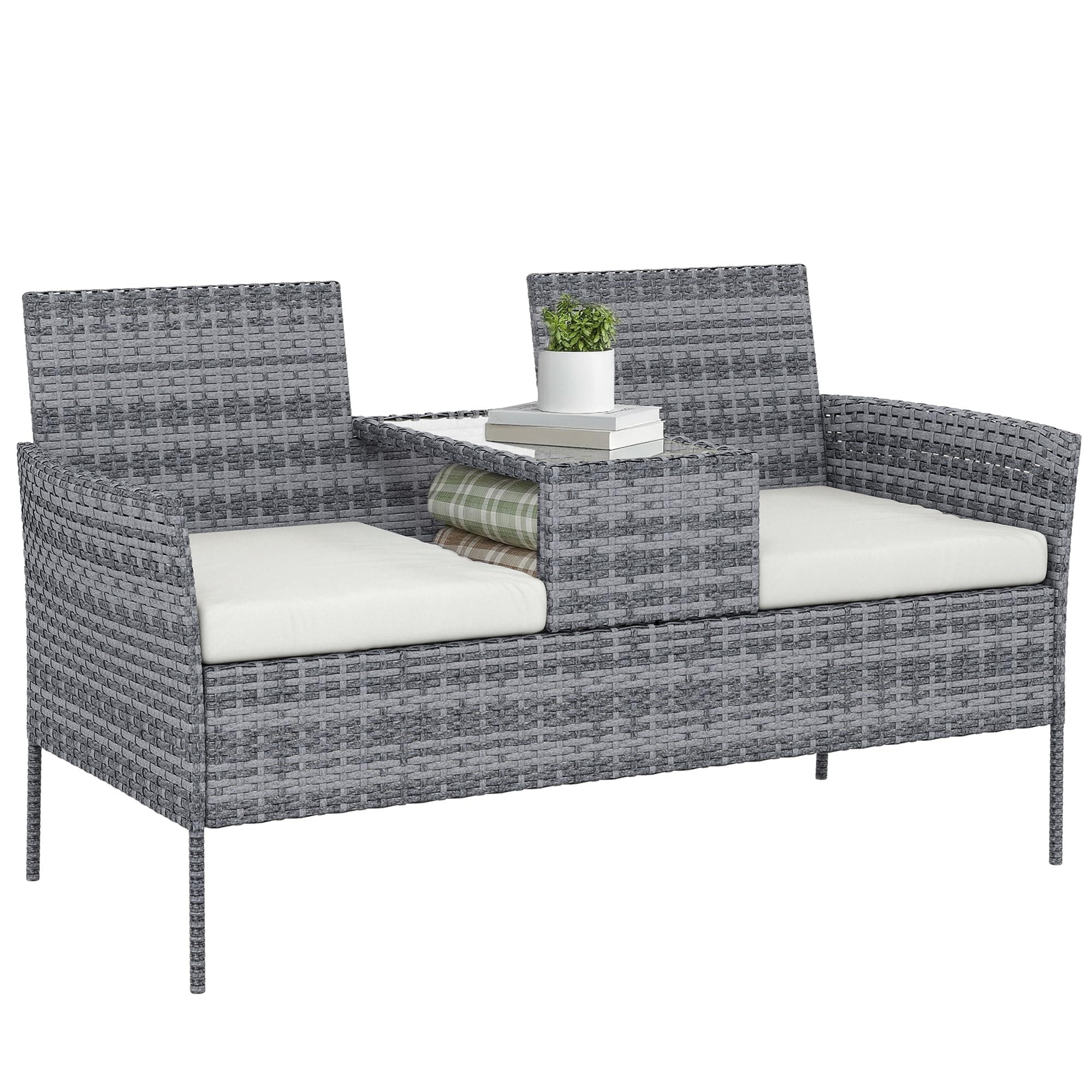 Outsunny Banc de Jardin en résine tressée 2 Places avec Table et Coussins, 135 x 64 x 81 cm, pour Balcon et Terrasse, Canapé Extérieur, Résistant aux Intempéries, Noir crème