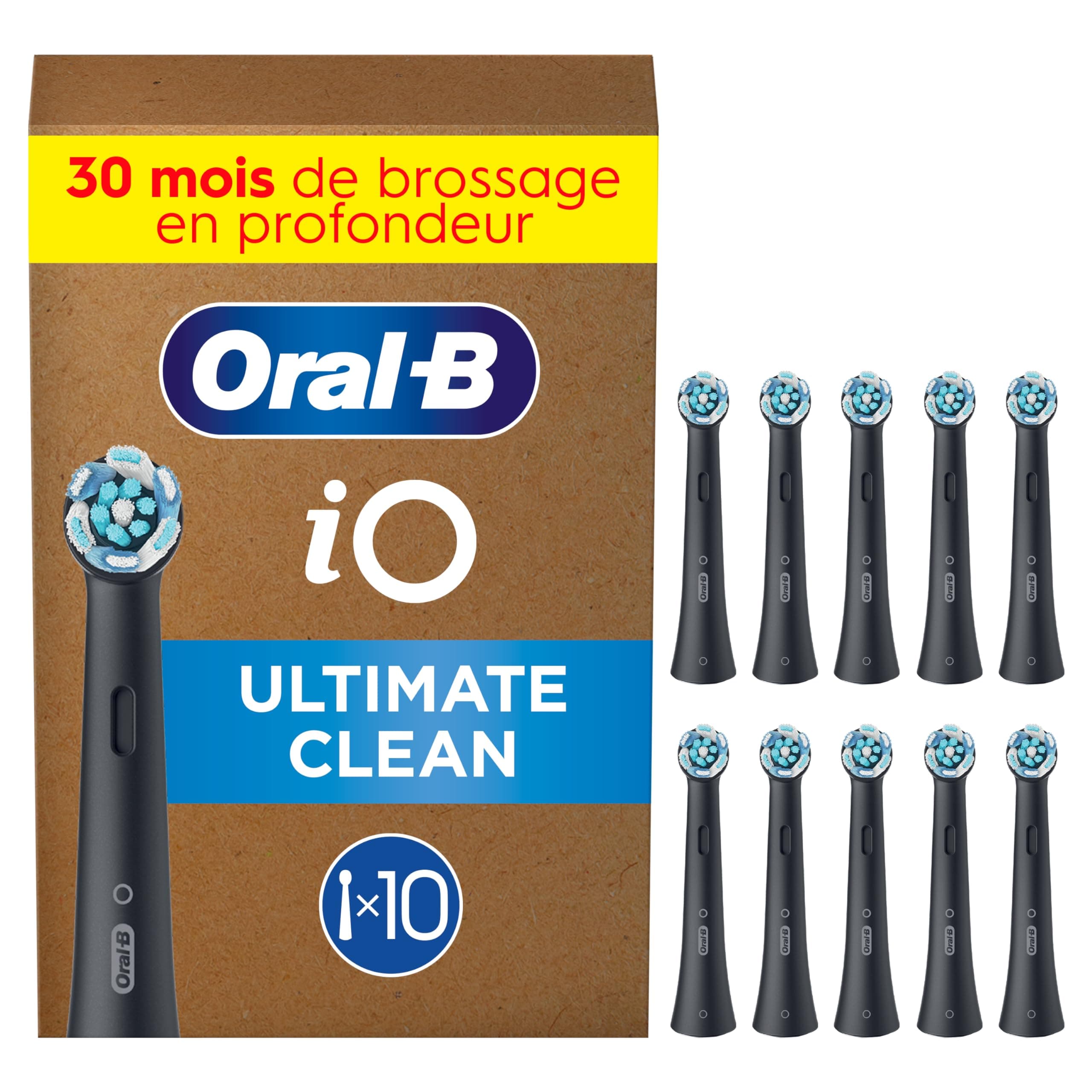 Oral-B Brossettes de Rechange Ultimate Clean, lot de 10, Noires | Recharges Brosse à Dents Électrique iO, pour Adultes, Tête Ronde pour un Brossage en Profondeur, Emballage en Carton